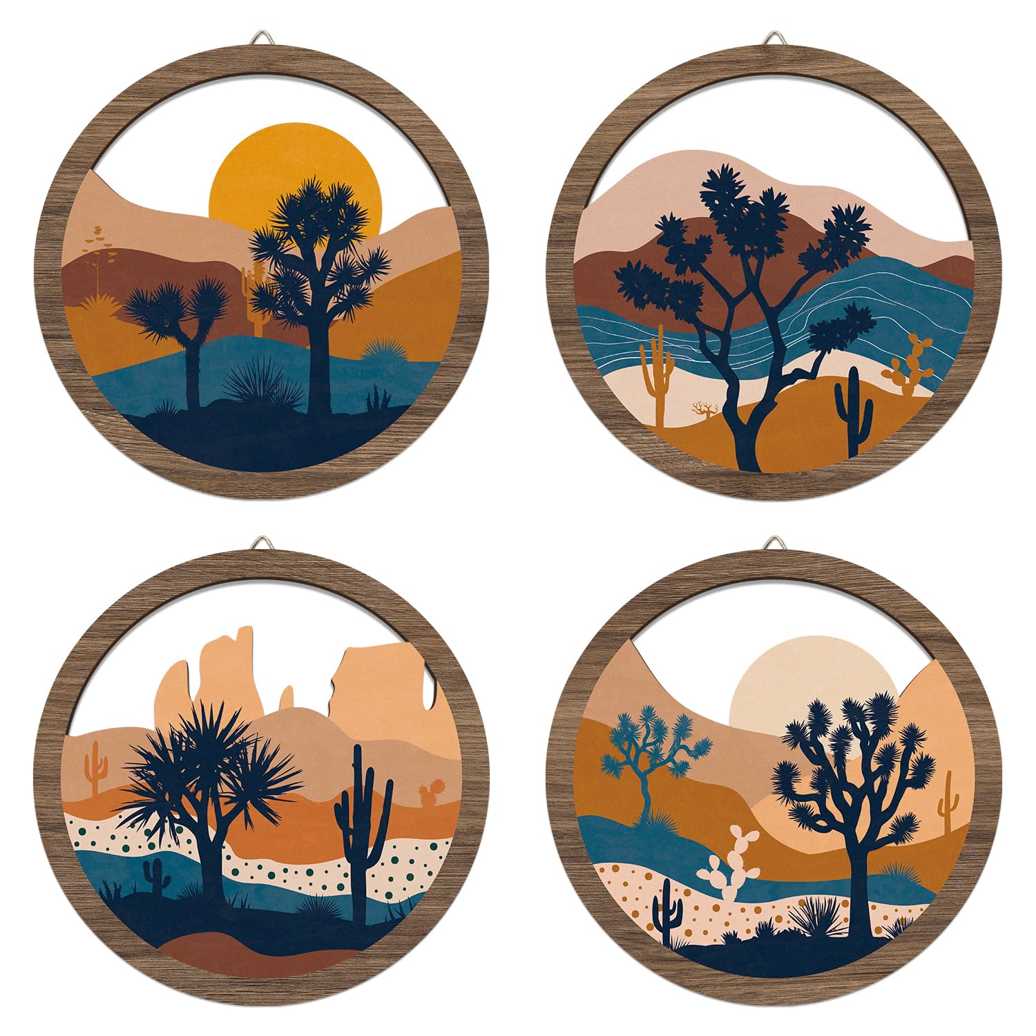 HPNIUB 4 Pcs Boho Scenery Wall Art Decor, Farmhouse Geometric Abstract Trees Desert Cactus Hanging Wood Sign for Living Room, Ae