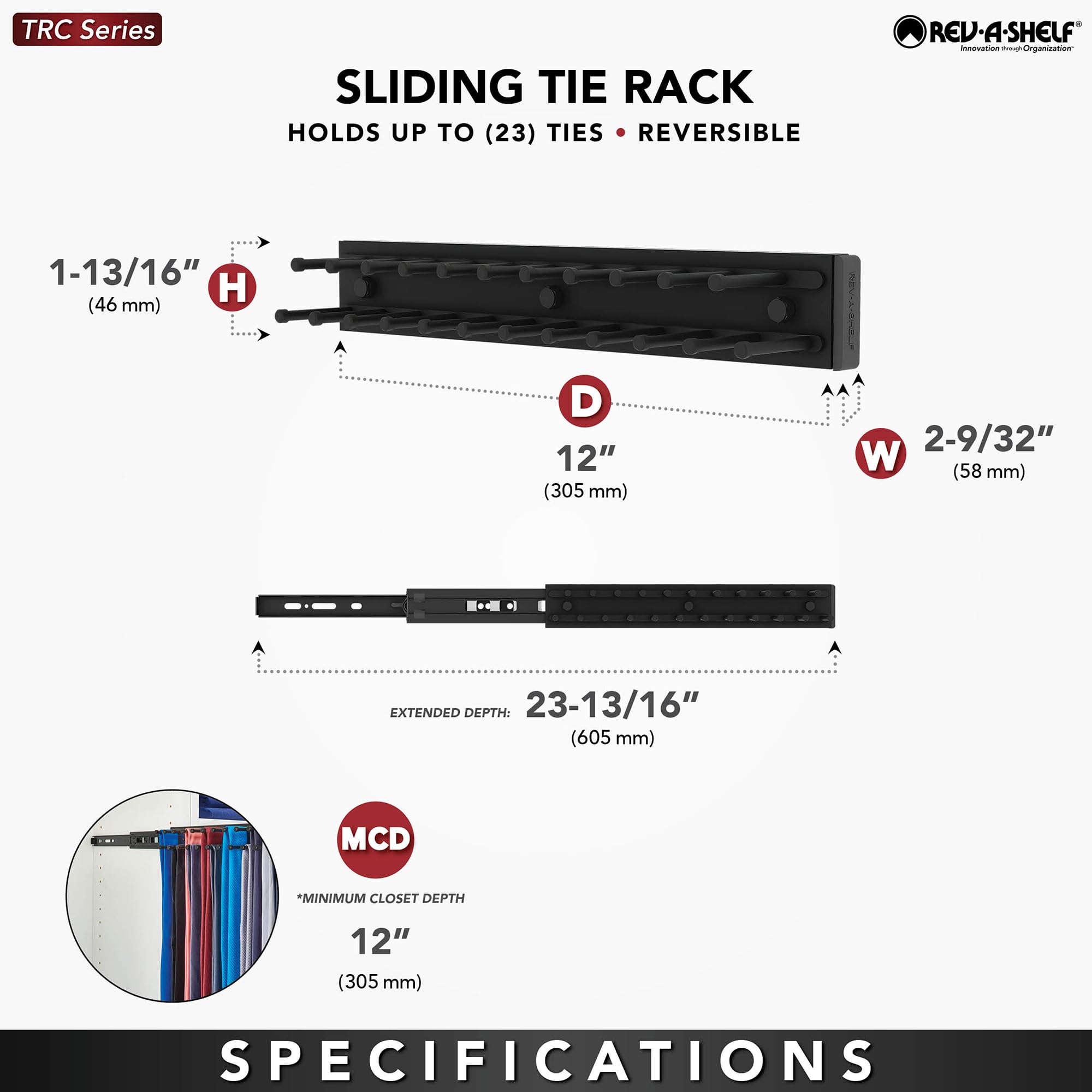 Rev-A-Shelf Pull Out 12'' Side Mount Extending Closet Tie & Belt Organization Storage Rack Holder for Up to 23 Ties  Chrome  TRC-12CR