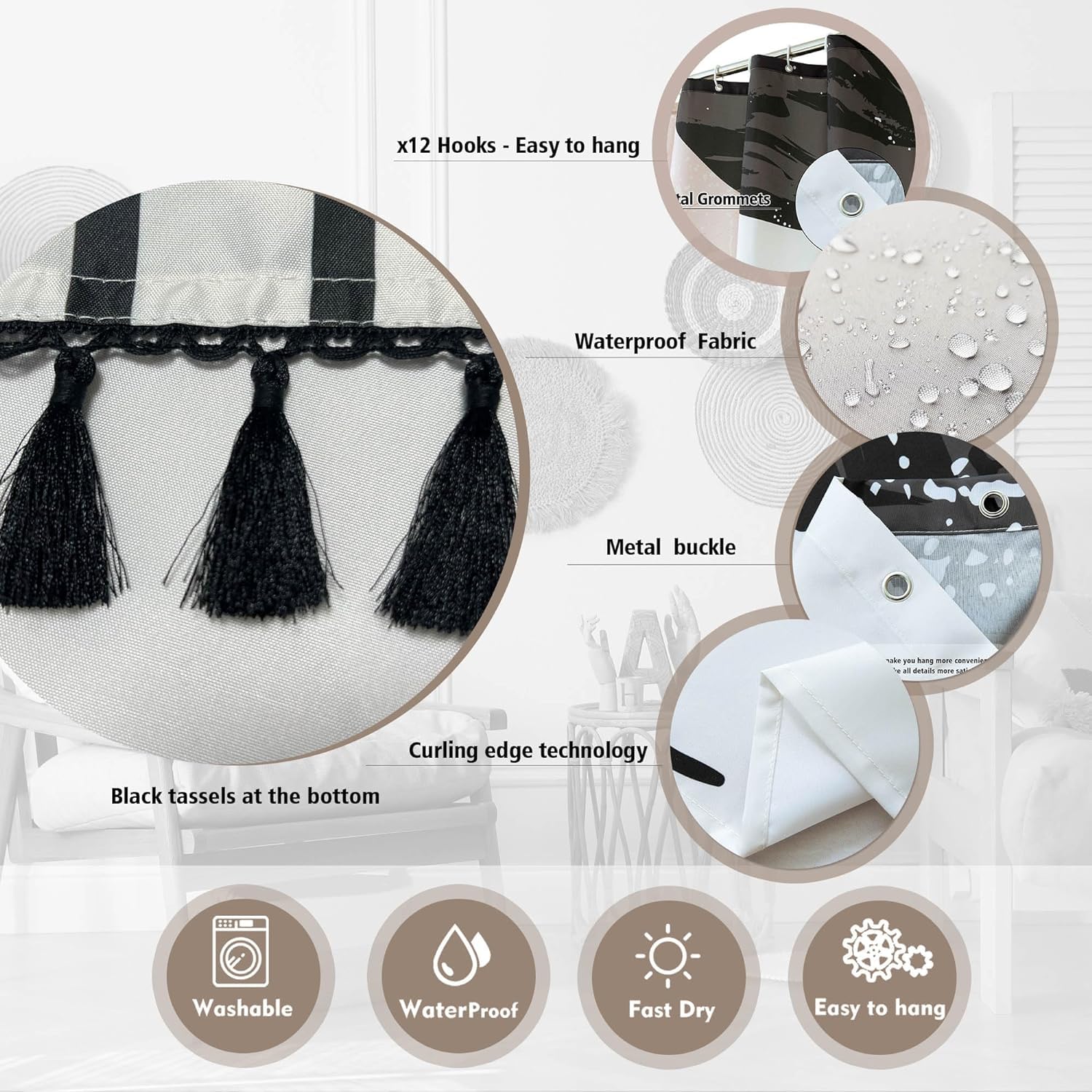 Giumsi 72'' X 84'' Black And White Boho Shower Curtain Set With Blacktassel Accents And Modern Minimalistic Design - Waterproof