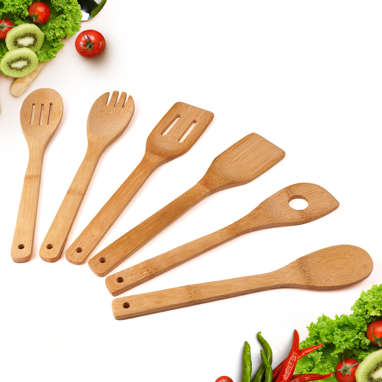 HOMTBDL Wooden Spoons for Cooking, Bamboo Serving Utensil Set of 6