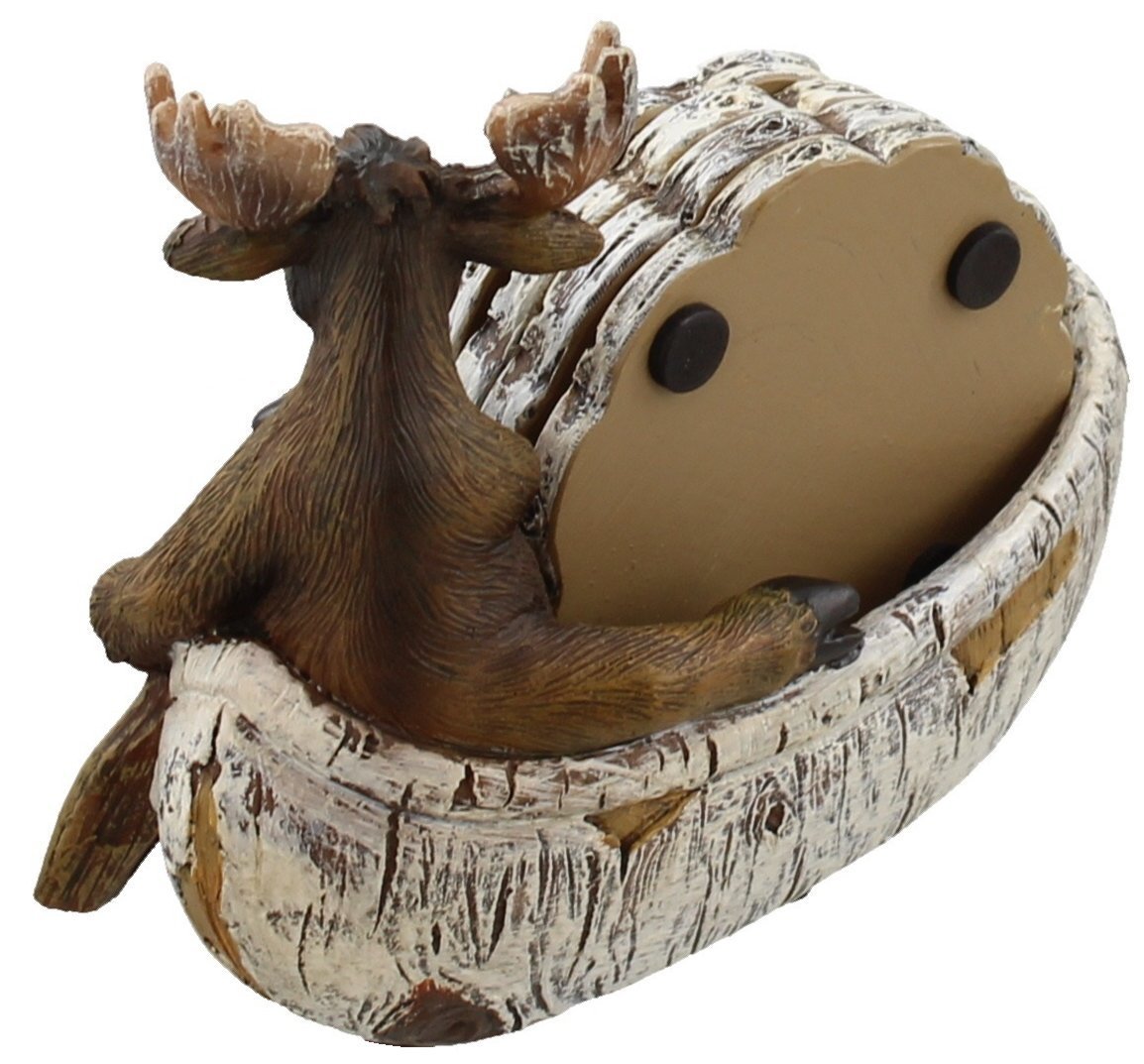 Decorative Moose Canoeing Coaster Set - 4 Rustic Cork Coasters & Holder Set