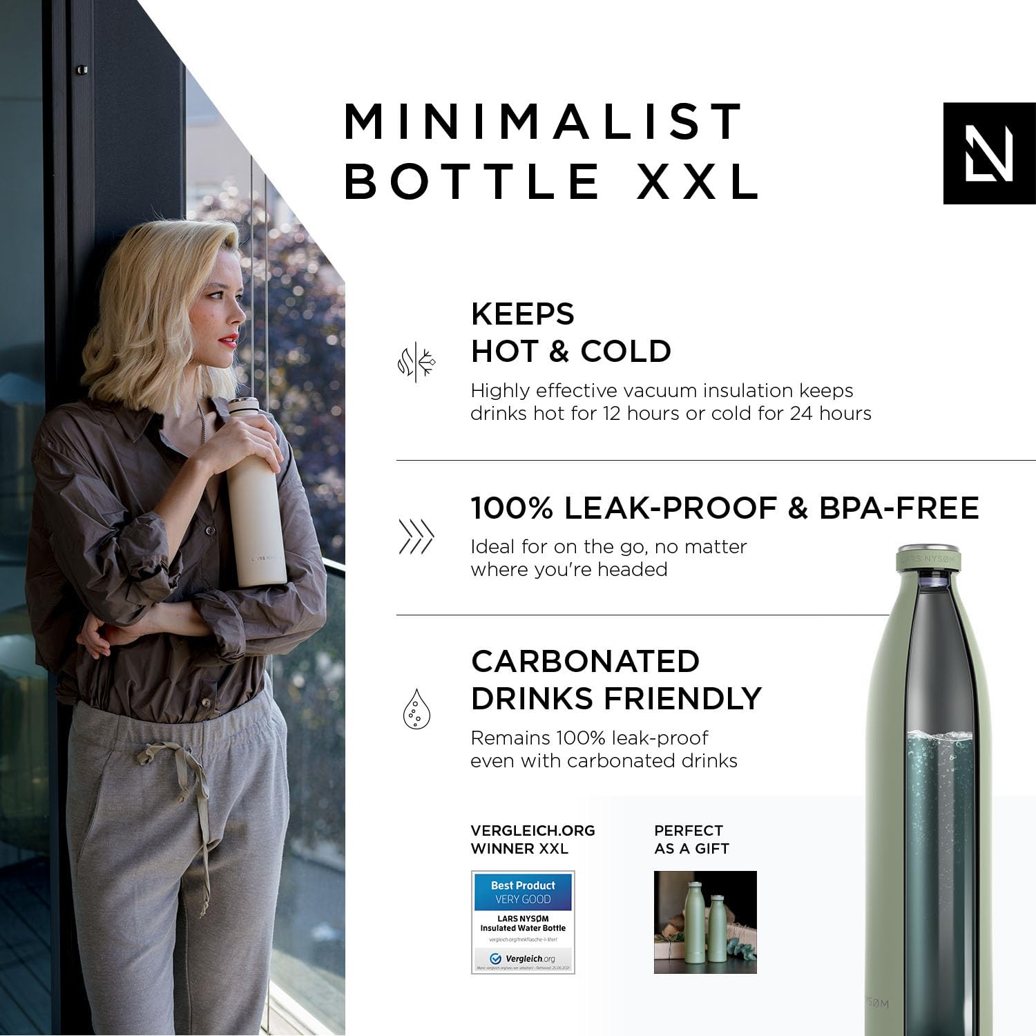 Lars Nysm Stainless Steel Insulated Xl Water Bottle 12Oz 17Oz 25Oz 34Oz 51Oz | Insulated Thermo Flask For Hot And Cold Beverages