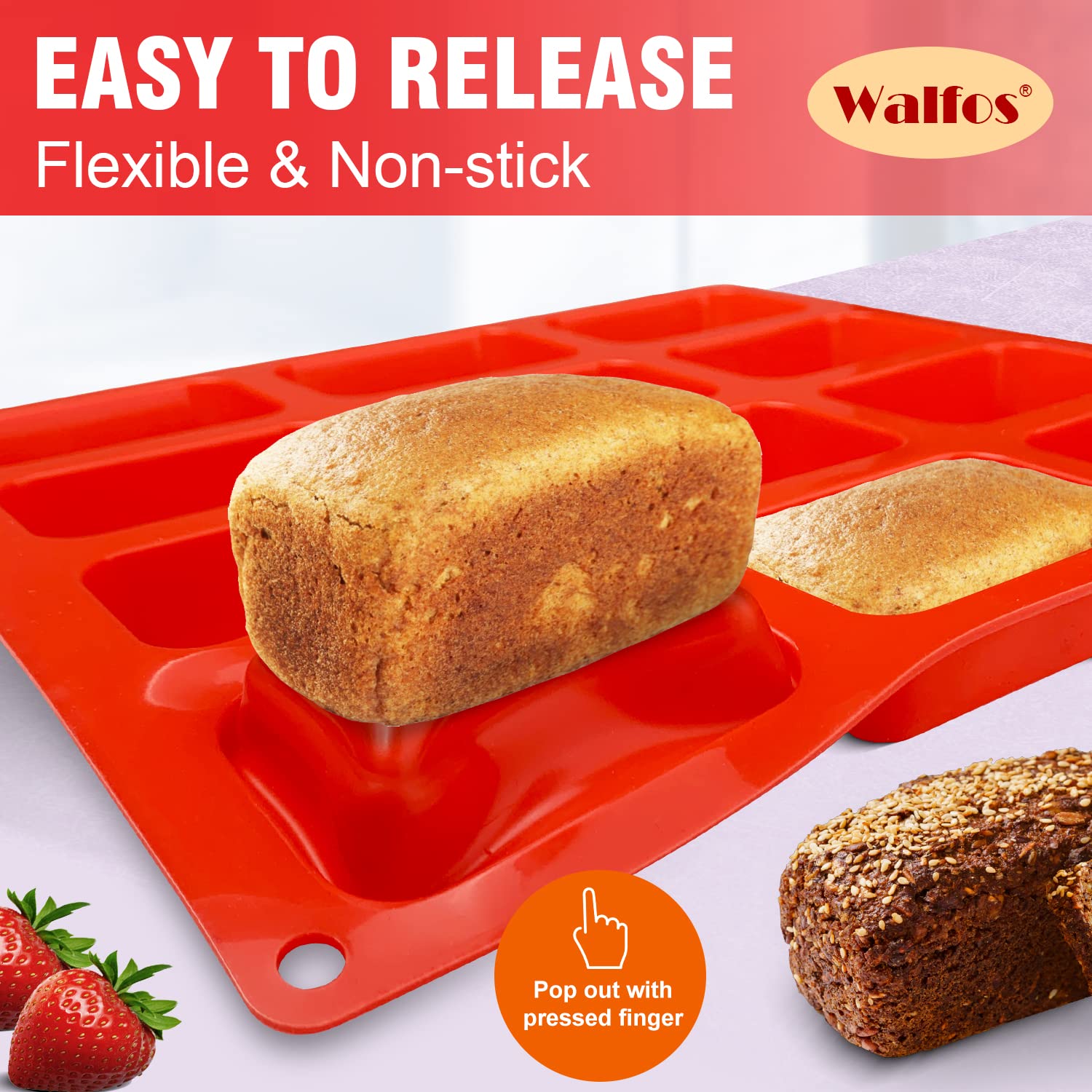 Silicone Mini Loaf Pan, Walfos 12 Cavities Mini Bread Pan Brownie Pan, Food Grade & Non-Stick, Ideal For Mini Bread, Brownie, Co