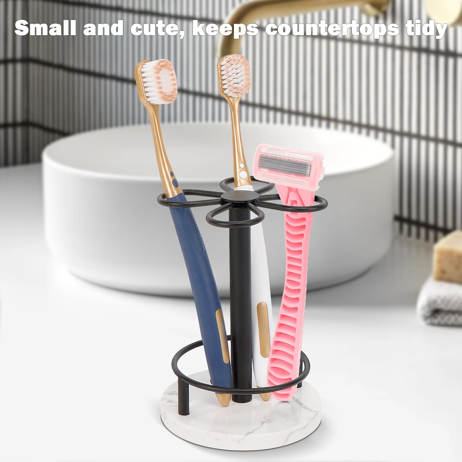 Harjue Toothbrush Holder Stand For Bathroom, Metal Toothbrush Organizer With Marble Base, Toothbrush Storage Collection For Fami