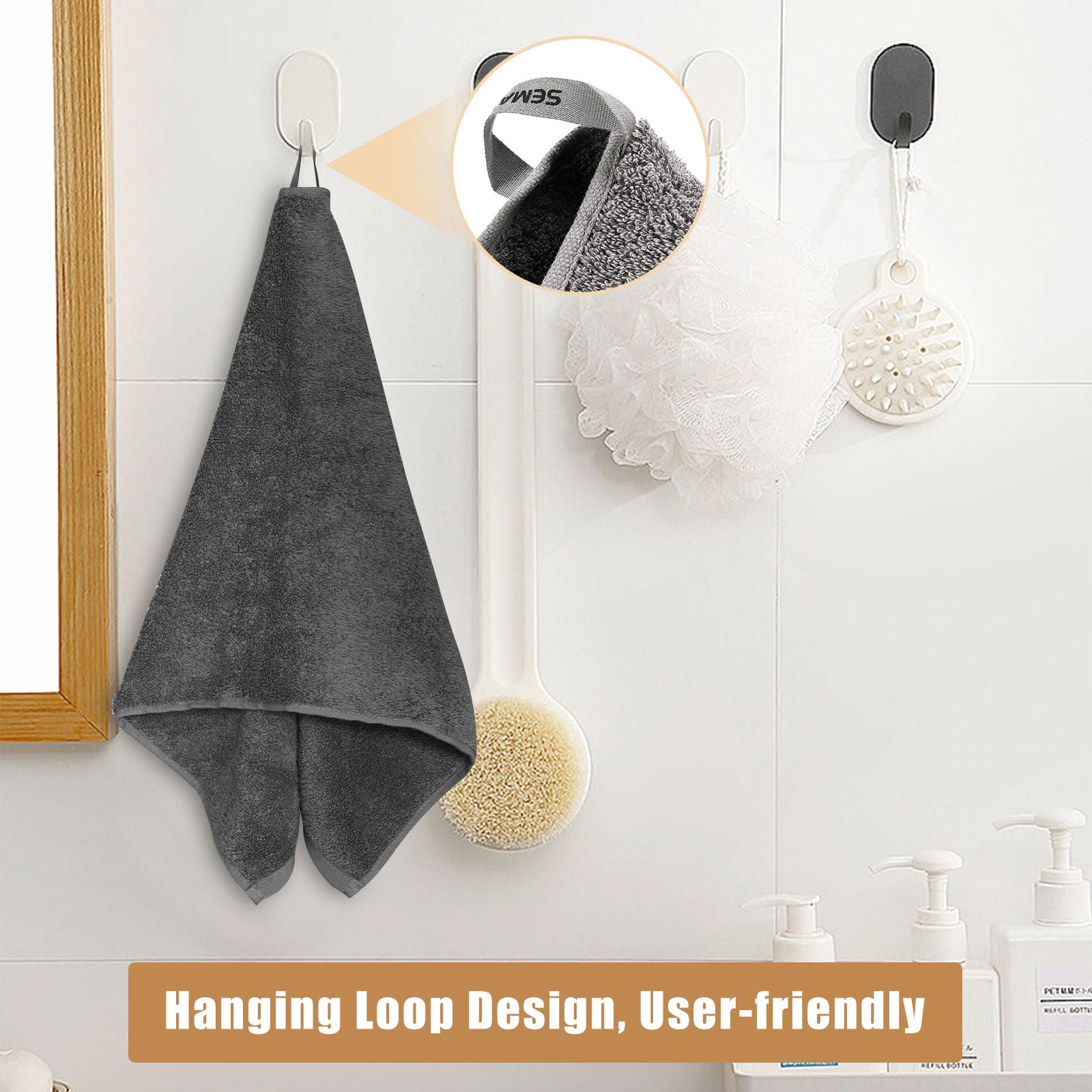 Semaxe Hand Towel For Bathroom Set Of 4,100% Cotton Grey Towels With Hanging Loops, Hotel Spa Quality Absorbent Towels, 27'' L X
