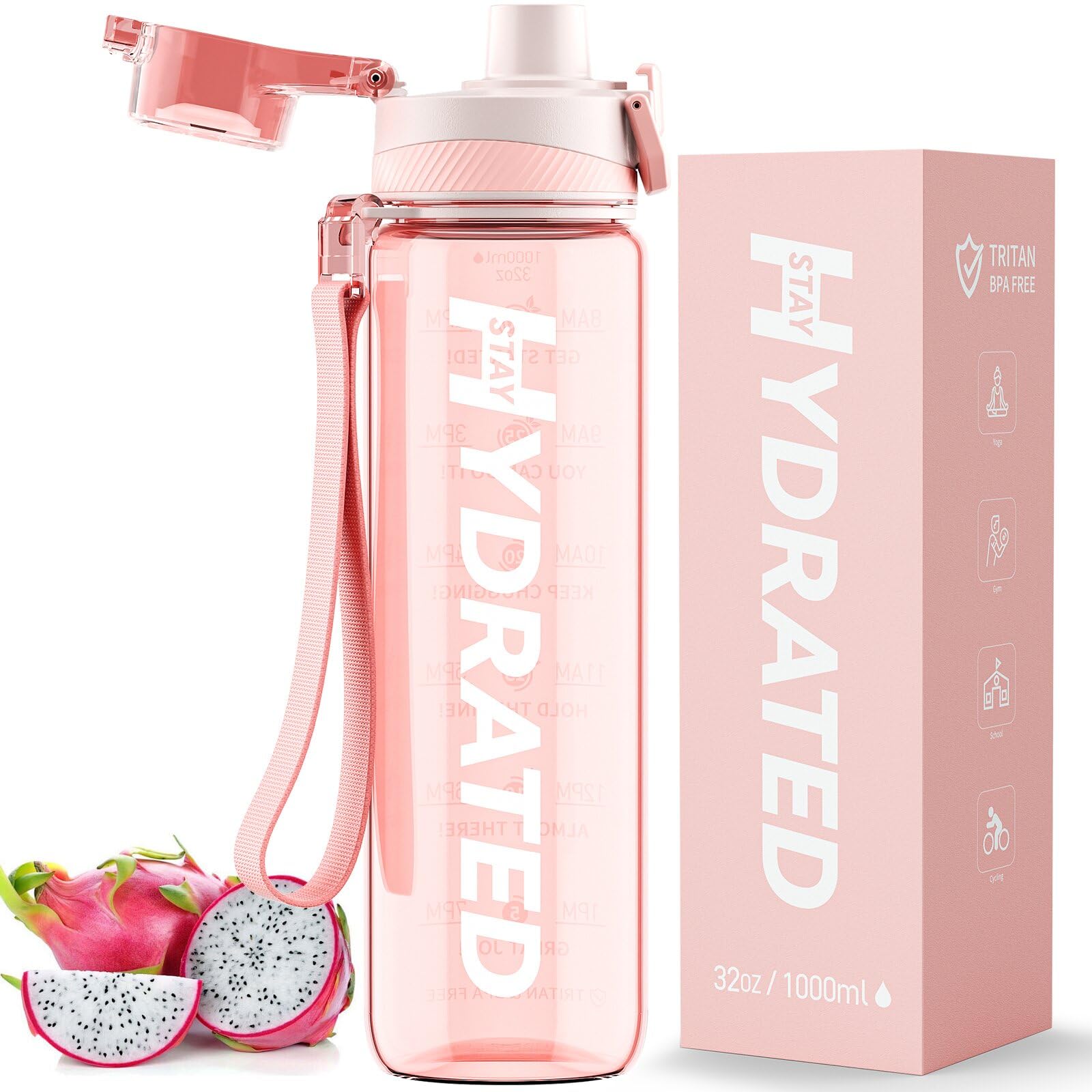 Water Bottle, 32 Oz Motivational Water Bottles With Time Marker-Tritan & Bpa Free, Sports Water Bottle With Time To Drink & Stra