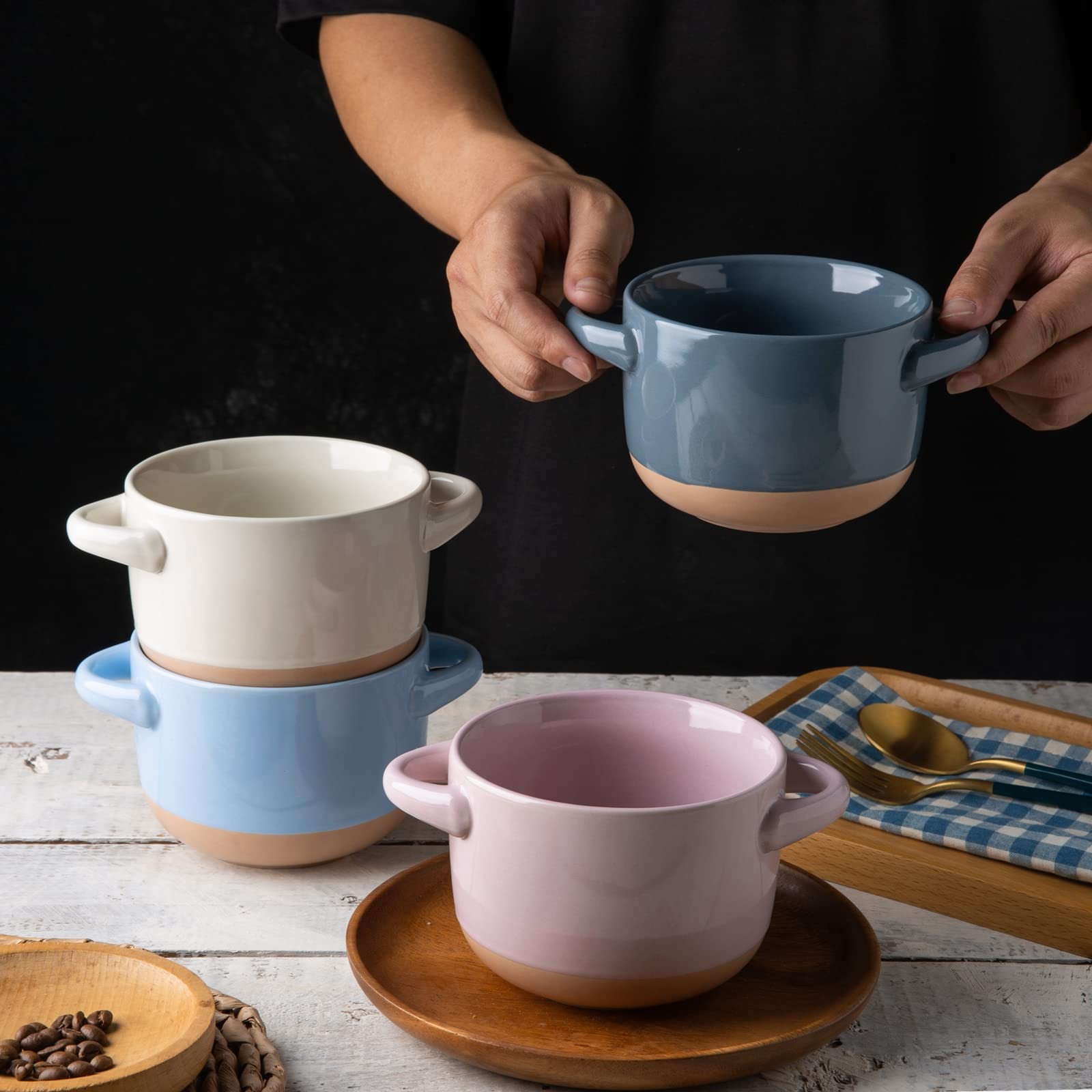 Amorarc 24 Ounces Soup Bowls With Large Handles And Lids, Stoneware Bowls Set Of 2 For Soup, Cereal, Stew, Noodle, Colourful Cer