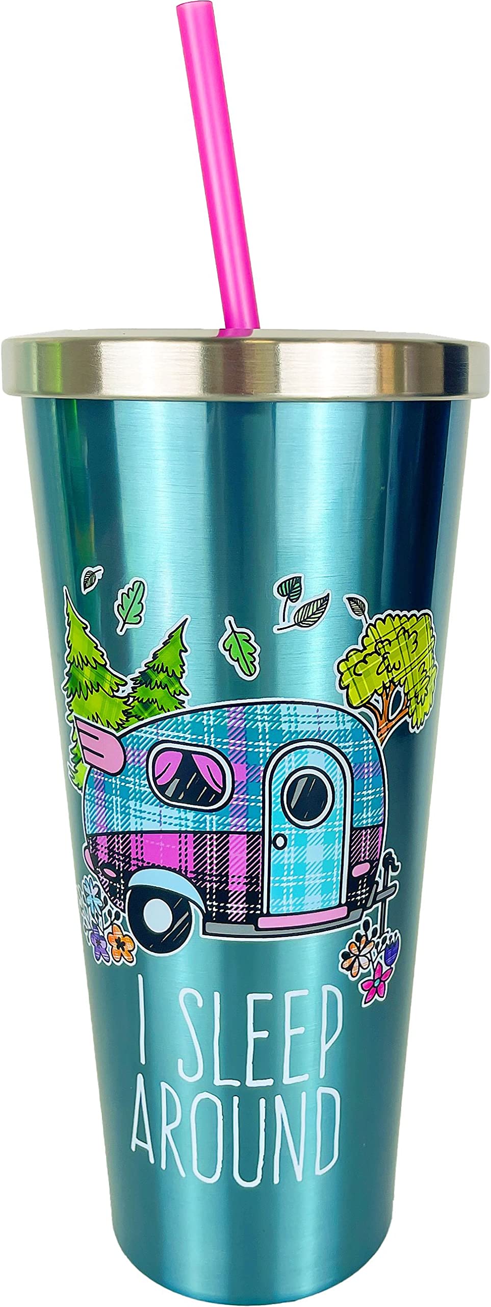 Spoontiques Stainless Steel W Steel Cup With Straw, 24 Oz, I Sleep Around,18247