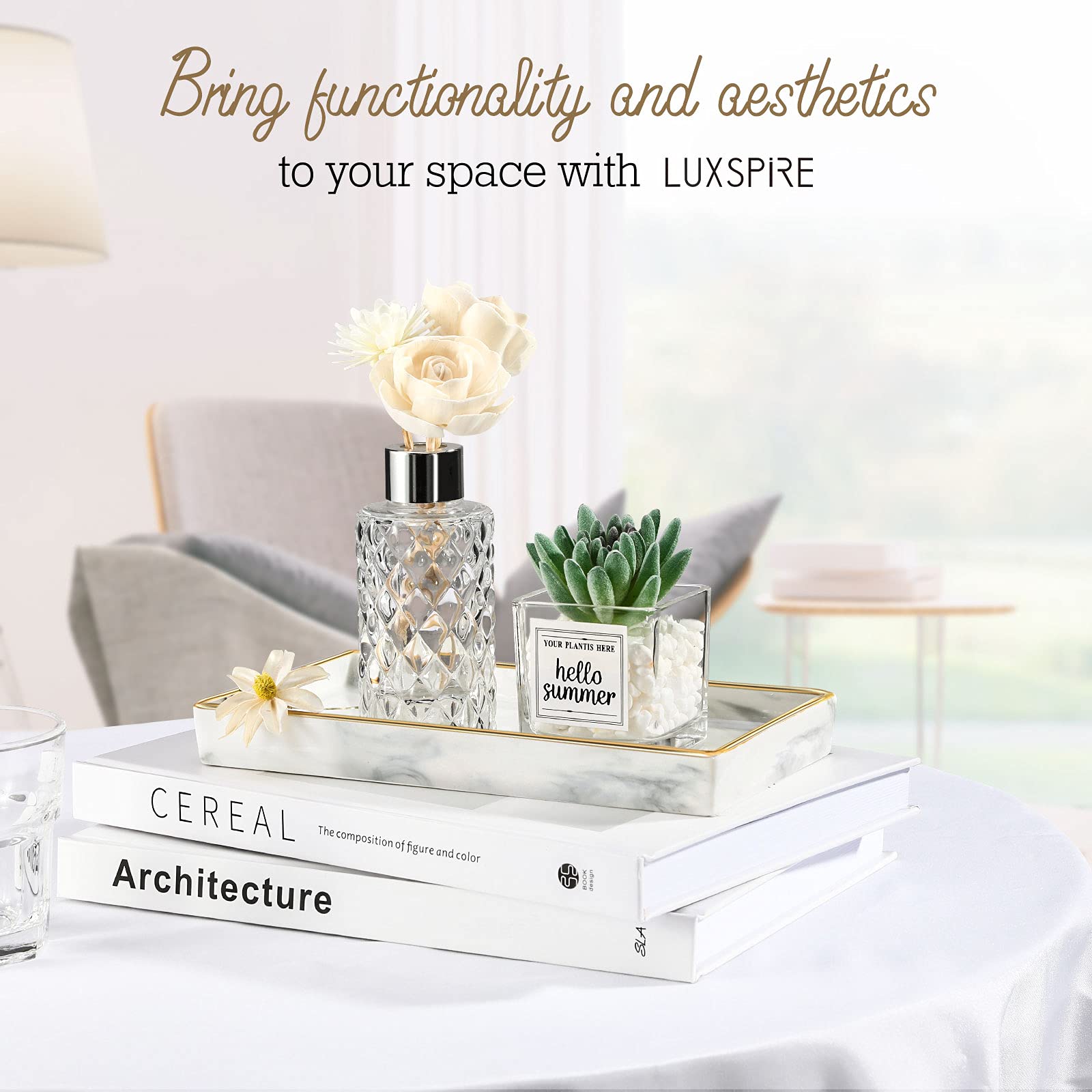 Luxspire Bathroom Vanity Tray, Marble Ceramic Bathroom Trays For Counter, Gold And White Tray For Dresser, Kitchen Counter Tray,