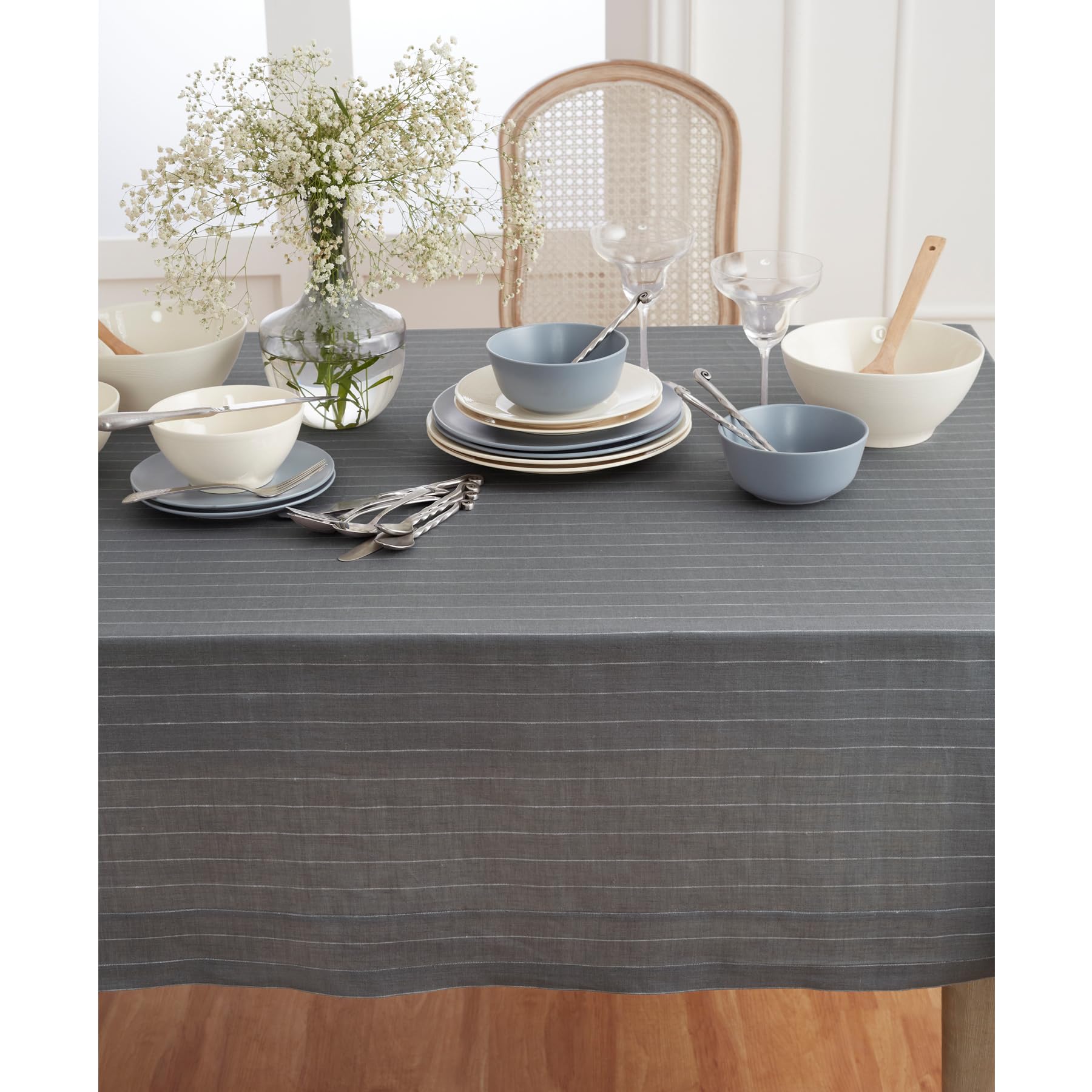 Solino Home Pinstripe Linen Tablecloth 120 '' L X 60 '' W Inch - 100% Pure Linen Grey And White Tablecloth - Machine Washable Fa