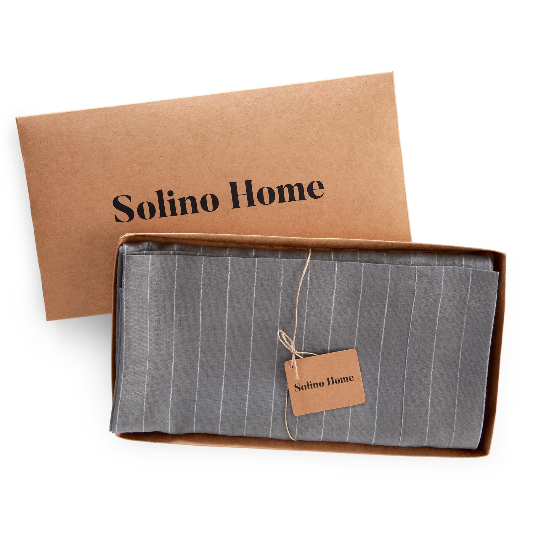 Solino Home Pinstripe Linen Tablecloth 108'' L X 60'' W Inch - 100% Pure Linen Grey And White Tablecloth For Spring, Easter - Ha