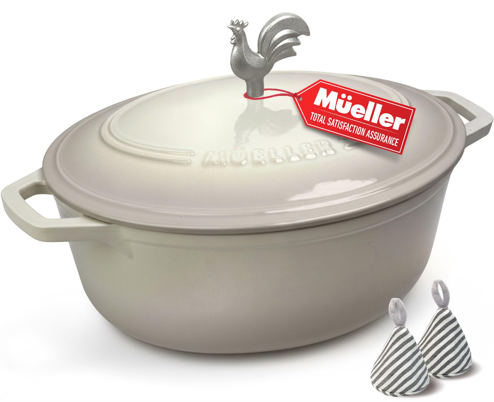 MUELLER HOME 5.5 Quart Enameled Cast Iron Oval Dutch Oven with Rooster Knob & Cotton Potholders, Heavy-Duty Cookware, Oven-Safe 