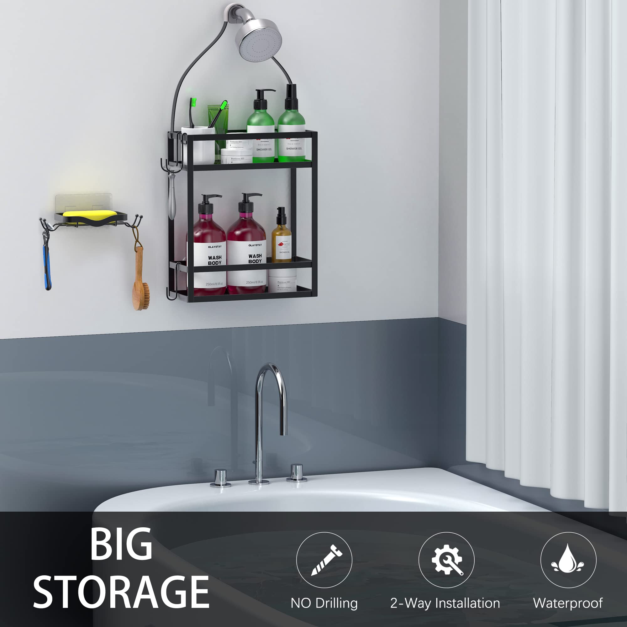 Meangood Shower Caddy Organizer With Soap Holder,Mounting Over Shower Head Or Door,Extra Wide Space For Shampoo, Conditioner, An