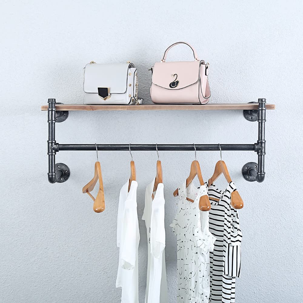 OLDRAINBOW Industrial Pipe Clothing Rack Wall Mounted with Real Wood Shelf,Pipe Shelving Floating Shelves Wall Shelf,36in Retail