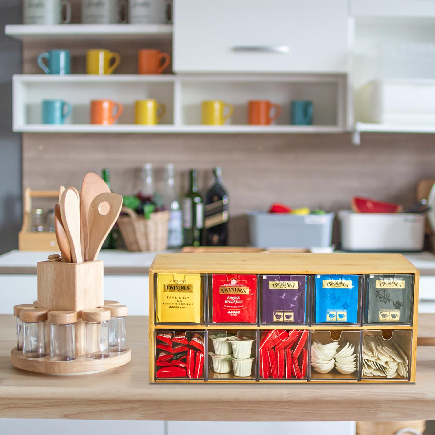 TIMIEEYA Bamboo Tea Bag Organizer with Drawer, 2 Layer Natural Wood & Acrylic Storage for Kitchen, Office, Cabinet