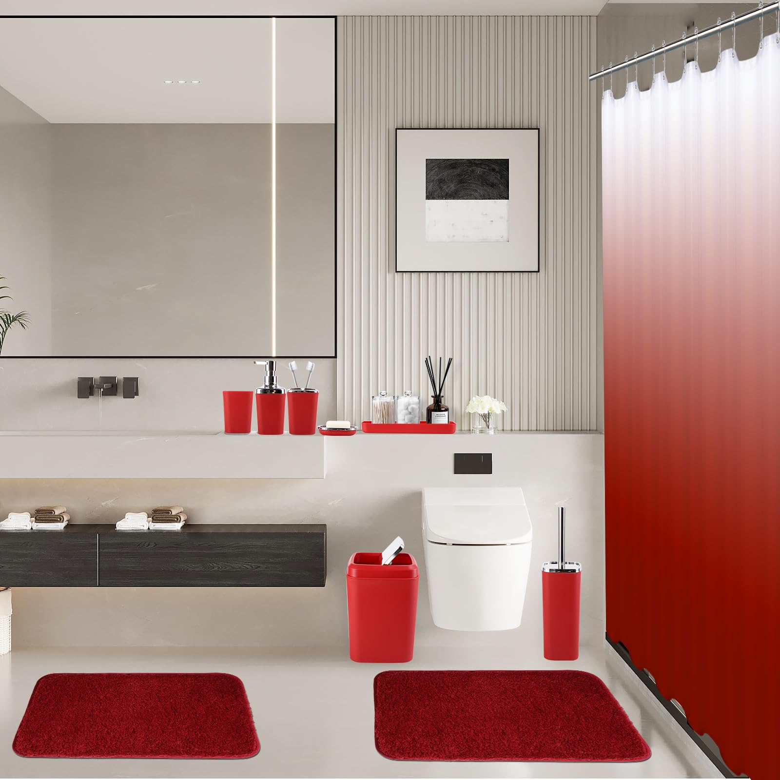Burgundy Bathroom Accessories Set With Ombre Shower Curtain And Bathroom Rugs, Dark Red Bathroom Sets With Trash Can,Toothbrush