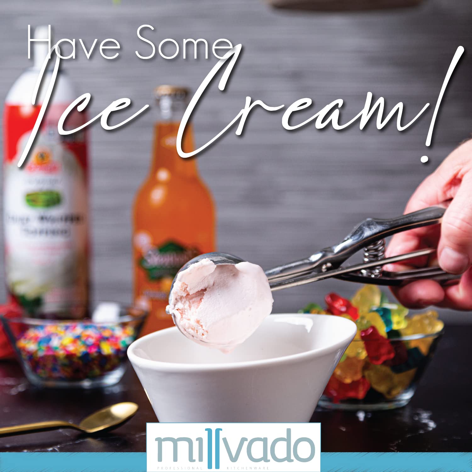 Millvado Stainless Steel Ice Cream And Cookie Scoop | Medium Sized, Spring Loaded Lever Design, For Sorbet, Melon, Meatballs, Mu