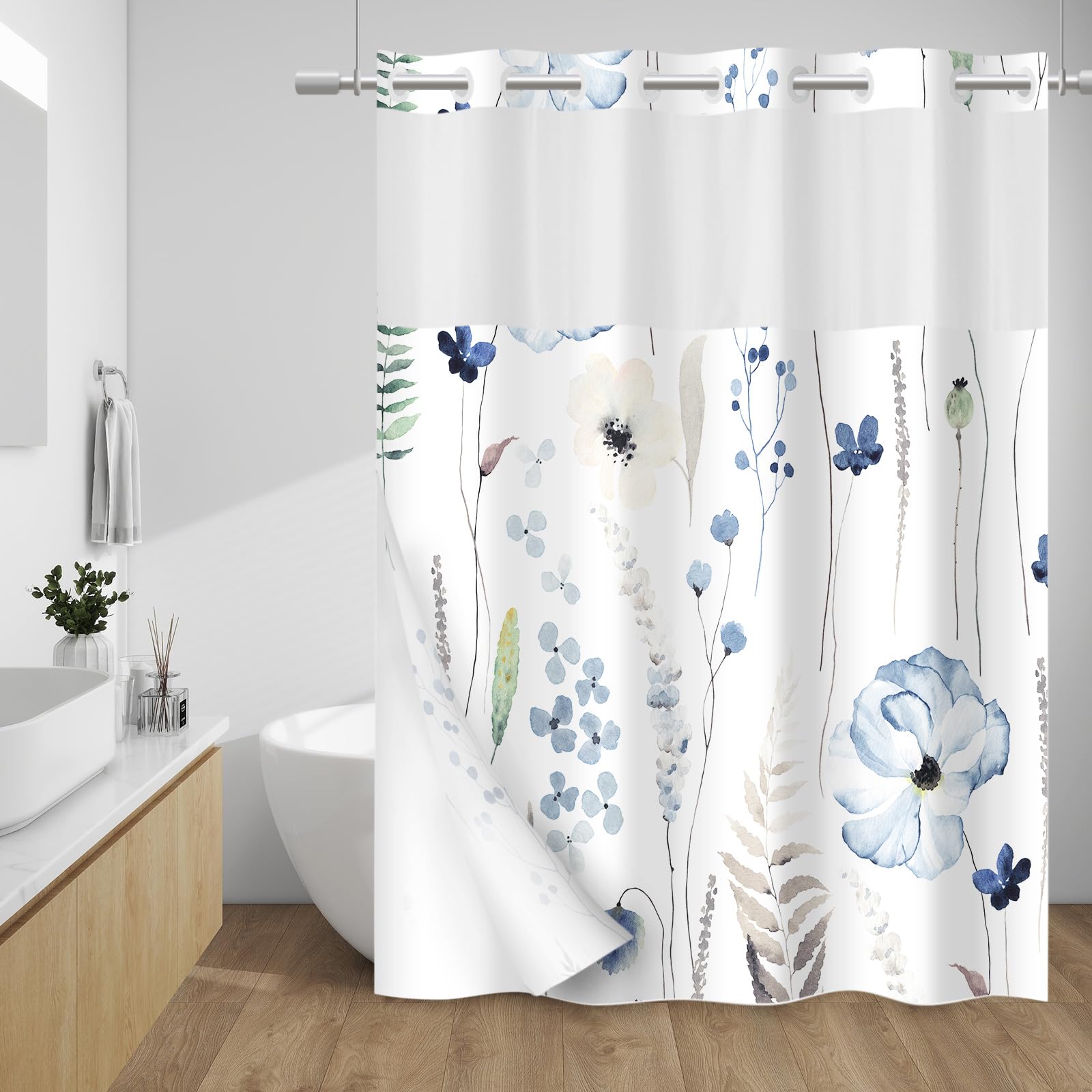 Withloc No Hook Shower Curtain With Snap In Liner - Floral Shower Curtain - Fabric Waterproof Inner Liner, Plants Watercolor Nav