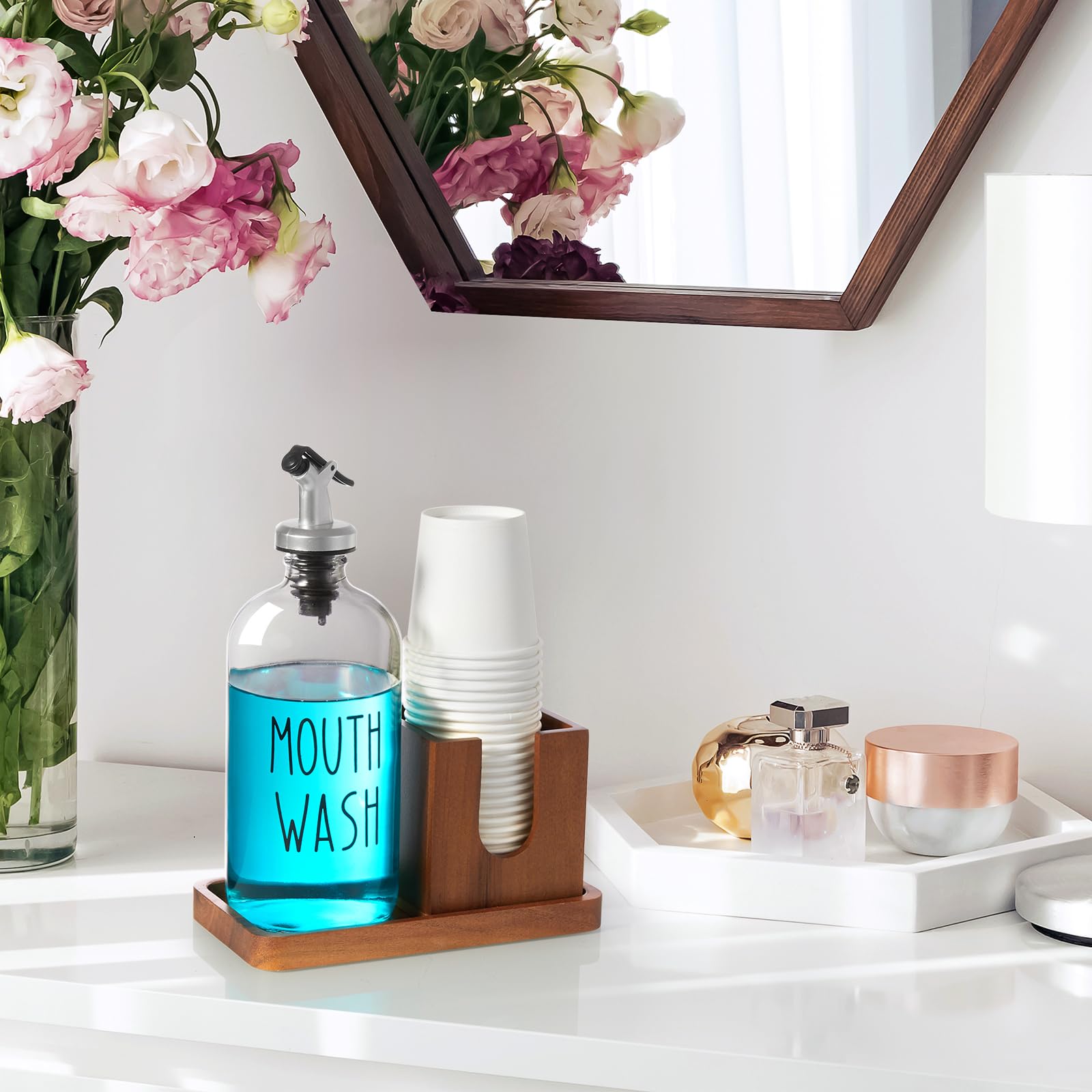 Mouthwash Dispenser For Bathroom, 16 Oz Glass Mouthwash Dispenser With Pour Spout And Acacia Wood Cup Holder And Tray, Mouth Was