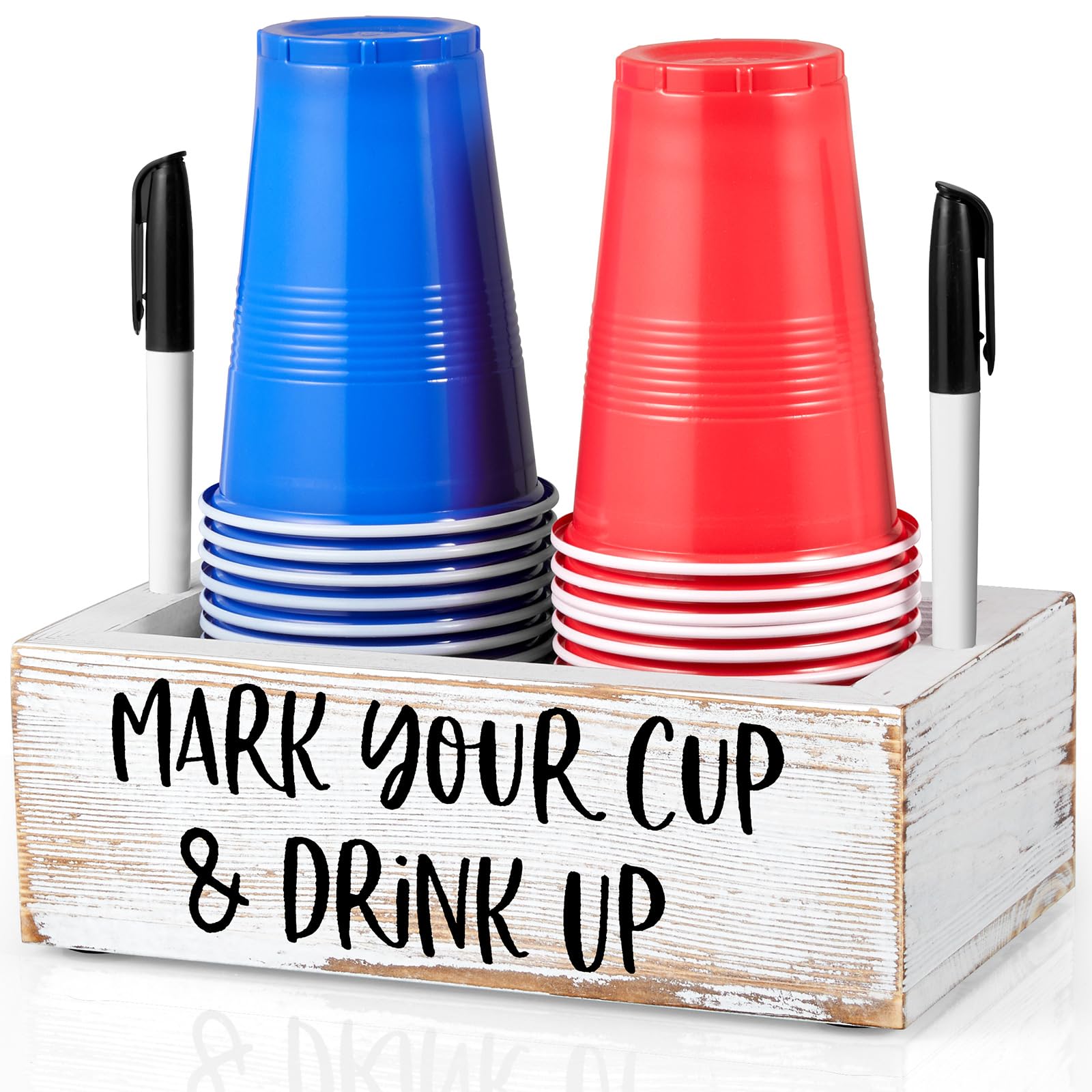 Drastar Double Disposable Cup Holder With Marker Slot, Retro White Wood Cup Organizer, Mark Your Cup And Drink Up Caddy, Plastic