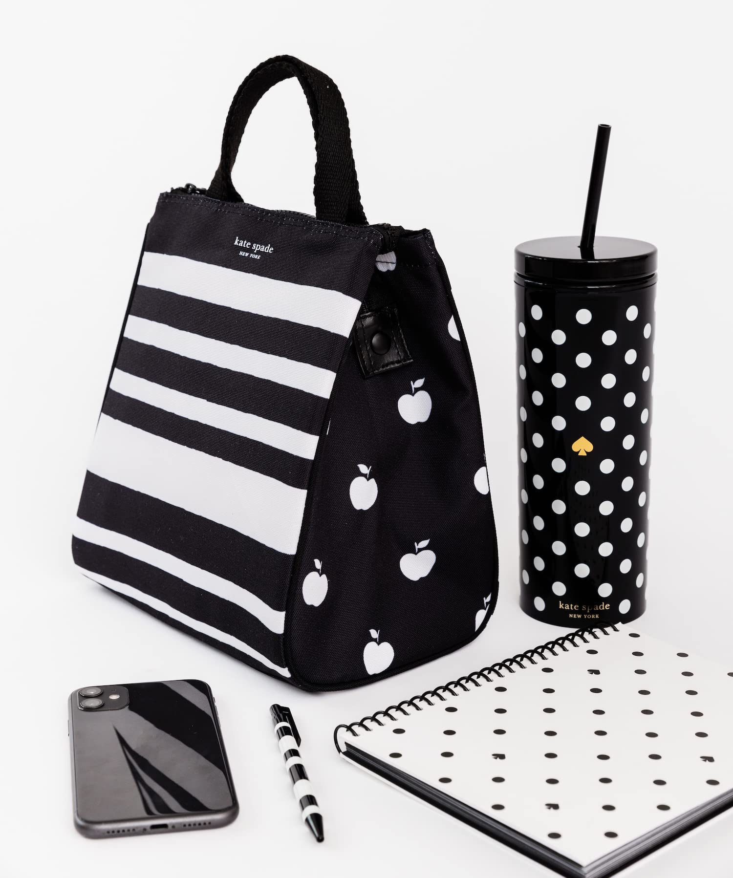 Kate Spade New York Insulated Tumbler With Reusable Straw, Black 24 Ounce Acrylic Travel Cup With Lid, Polka Dots