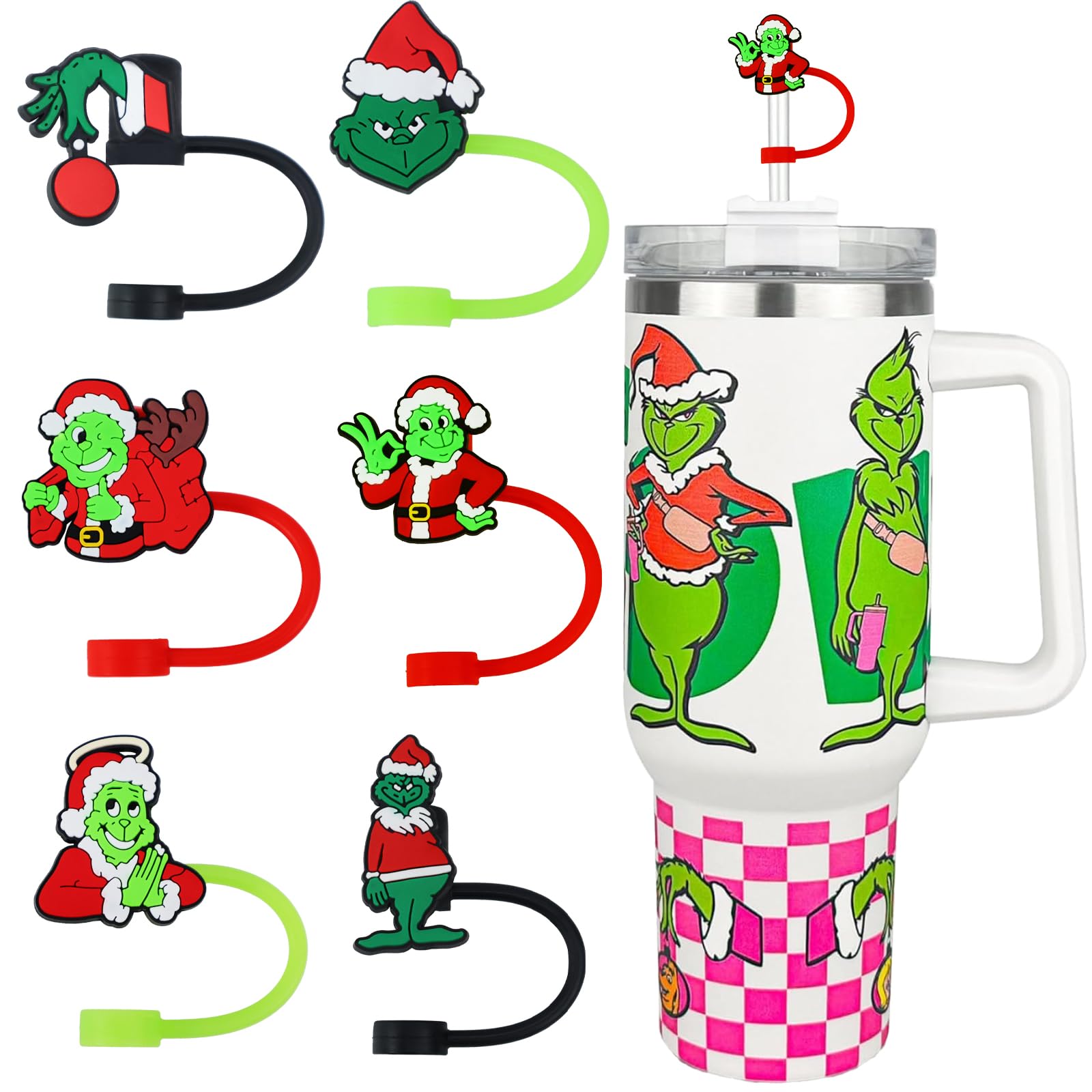 ZERCEJC 6 PCS Christmas Straw Cover Cap for Stanley Cup, Xmas Silicone Toppers Compatible With 30&40 Oz Tumbler, Reusable Tips L