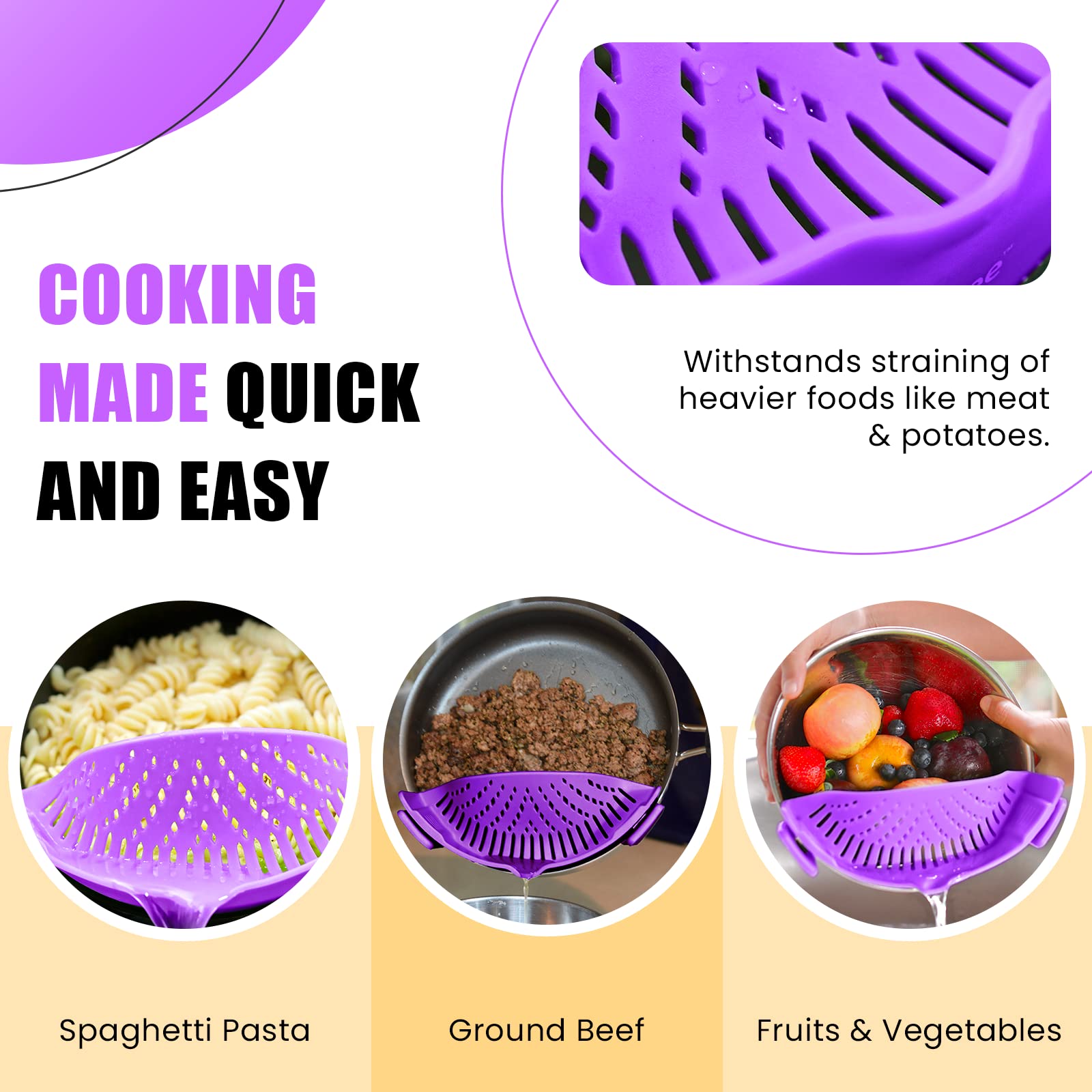 Clip On Kitchen Food Strainer For Spaghetti, Meat, Pasta, & Ground Beef Grease, Colander & Sieve Snaps Or Clips Onto Bowls, Pots