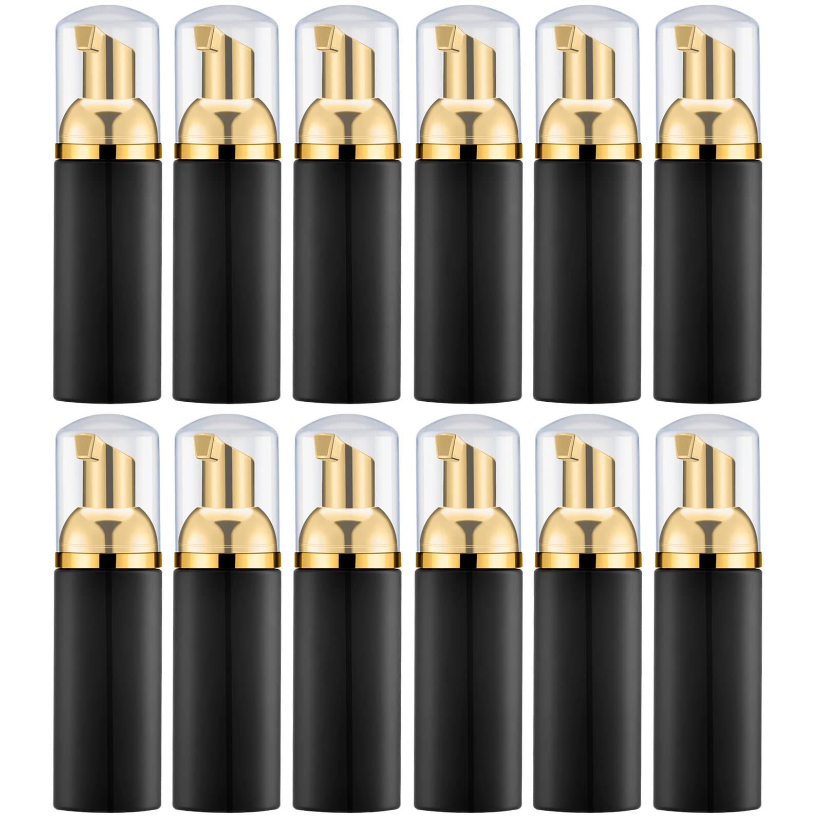 Lil Ray 2 Oz Empty Black Foam Pump Bottle, Foamer Soap Dispenser For Lash Shampoo, Hand Soap, Foaming Cleaner(Gold Pump, 12 Pcs)