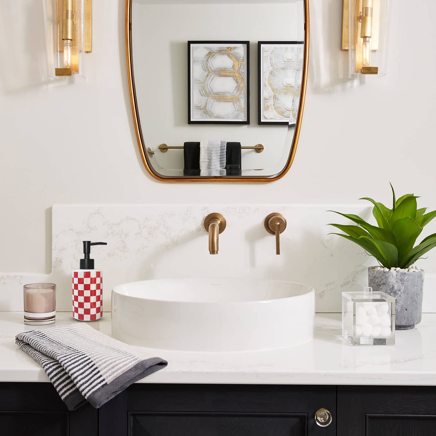 Bathroom Soap Dispenser With Matte Black Pump White Ceramic Soap Dispenser For Kitchen Checkerboard Empty Pump Bottle (Red)