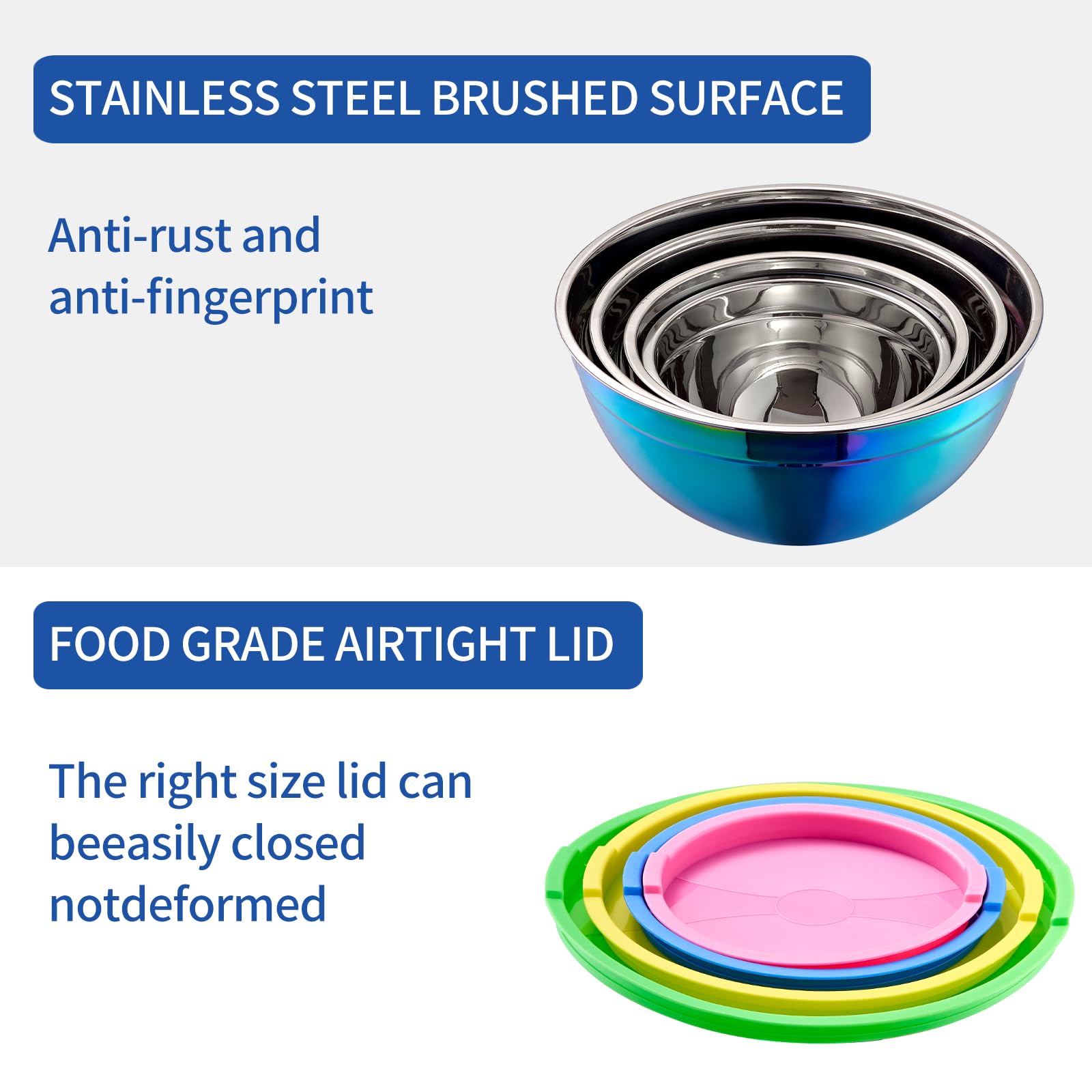 Onlycooker Rainbow Mixing Bowls - 4 Piece Stainless Steel Set, Airtight Lids, Stackable Design, Sizes 5.5QT, 3.6QT, 2.1