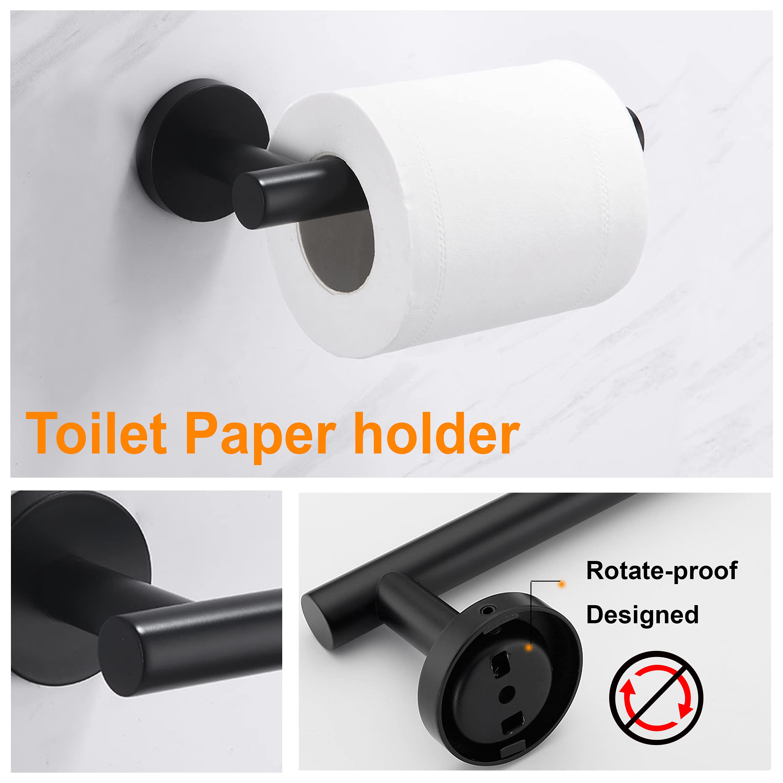 Nolimas 3-Pieces Set Matte Black Bathroom Hardware Set SUS304 Stainless Steel Round Wall Mounted - Includes 12'' Hand Towel Bar Toilet Paper Holder  Robe Towel Hooks Bathroom Accessories Kit