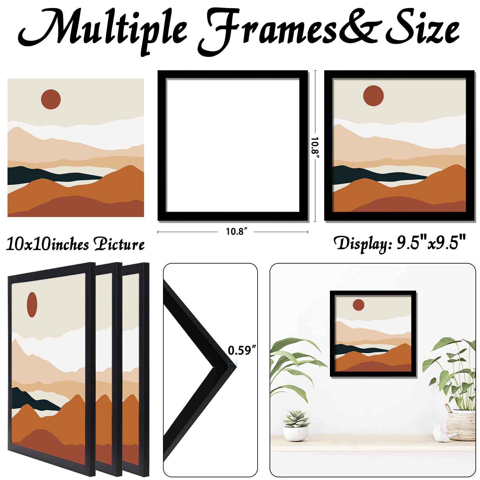 ijuerybai Black 10x10 Picture Frame Set of 3, High Transparent Frame for 10 By 10 Square Photo Collage Canvas Poster Size Wall M