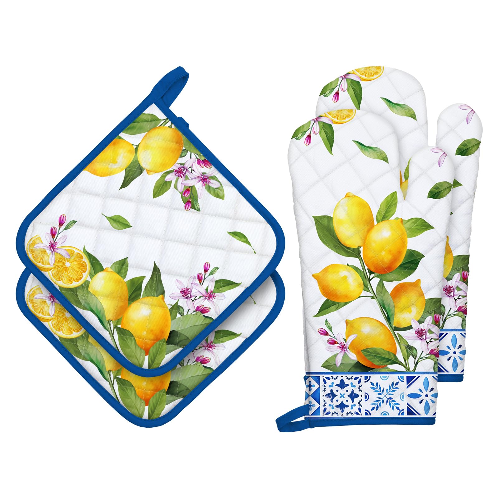Arquiel Summer Lemon Oven Mitts And Pot Holders Sets 2Pcs, 100% Cotton Heat Resistant, Extra Long Oven Gloves Potholder For Kitc