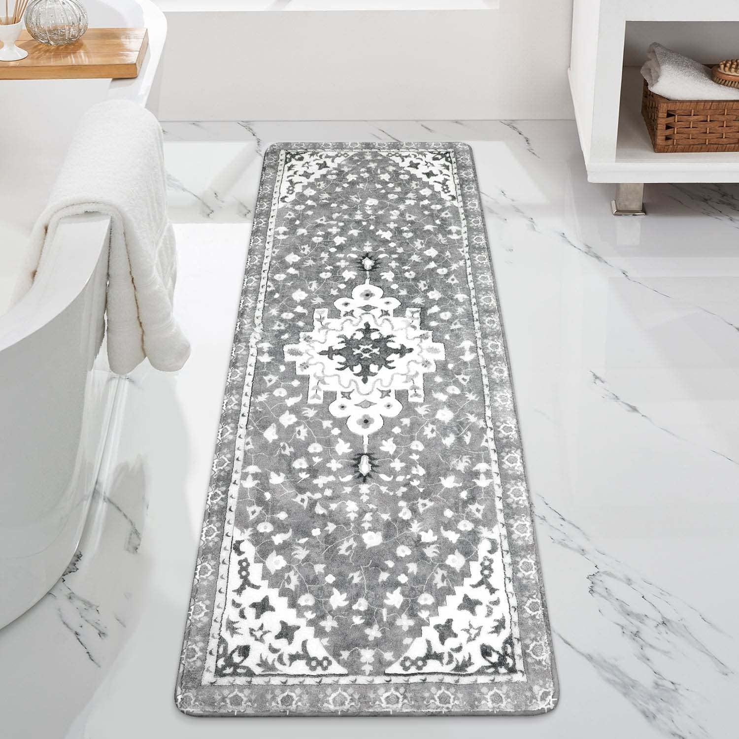 Uphome Boho Vintage Bathroom Rug Runner Gray Non-Slip Soft Long Bath Mat Machine Washable Oriental Bathroom Mats Traditional Tri