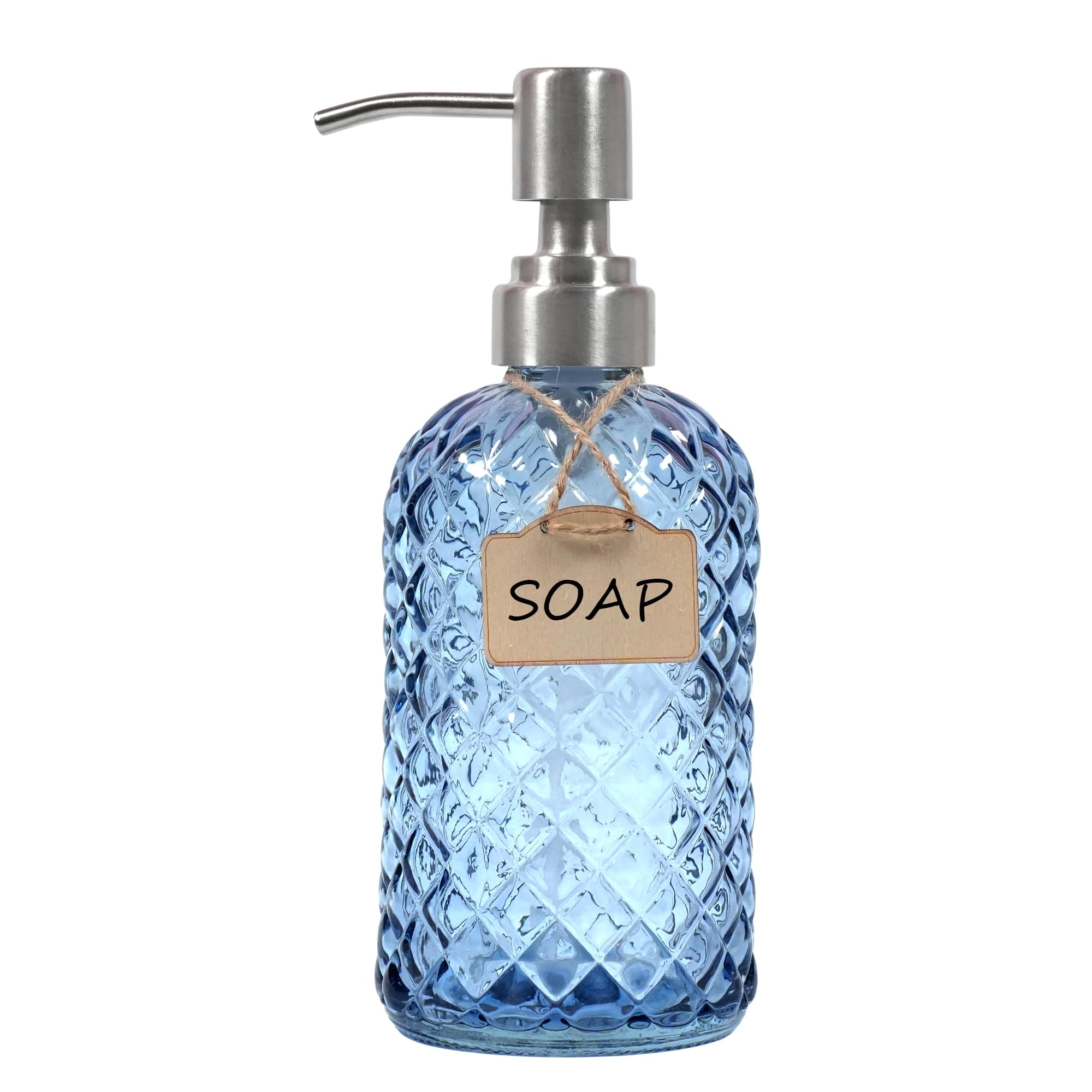 Bathroom & Kitchen Glass Hand And Dish Soap Dispenser With 304 Rustproof Stainless Steel Pump (Blue)