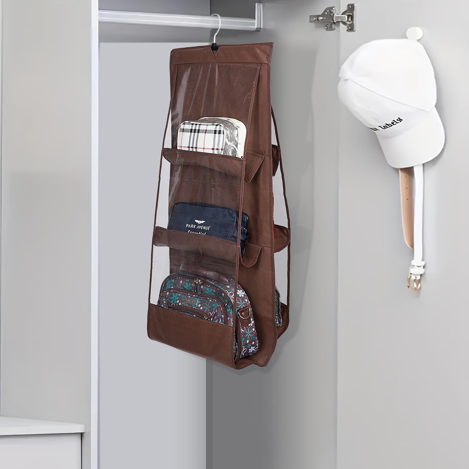 Kuber Industries Non-Woven Hanging Organizer | Handbag Organizer | Hanging Purse For Wardrobe | Transparent Clutch Organizer | H