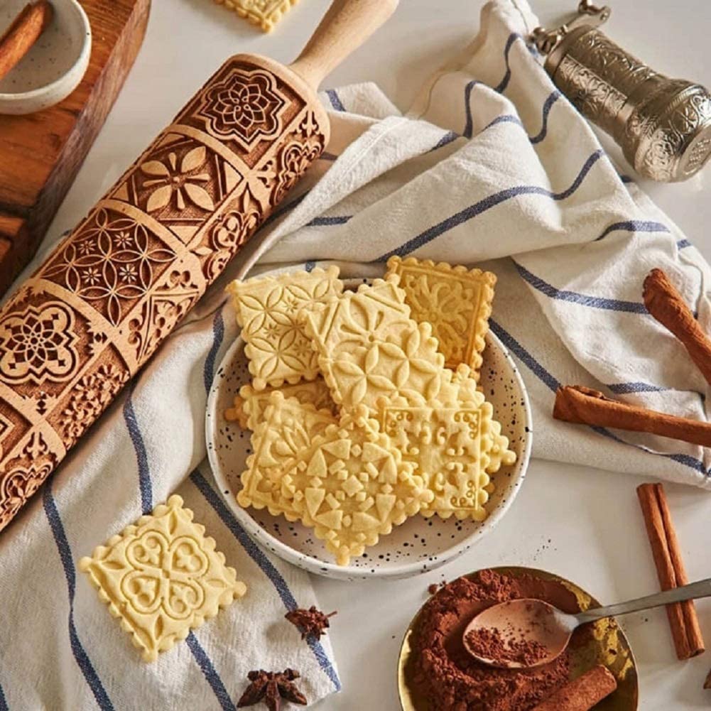 Rhiney Wooden Rolling Pin for Baking - 15"x2" Deep Engraved Embossing Tool for Cookies, Kitchen Decor, Model RL01
