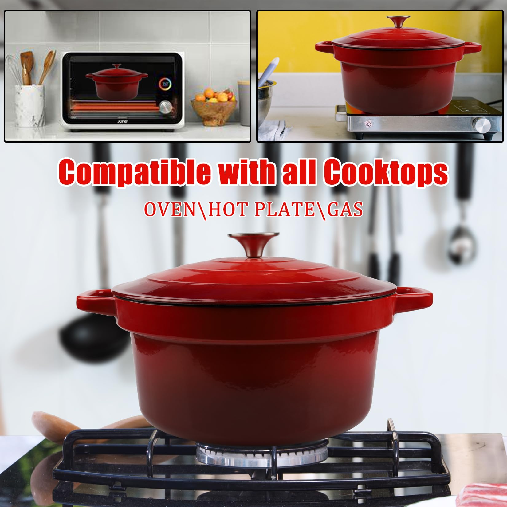 CUKOR 7QT Dutch Oven Pot, Enameled Cast Iron, Non-Stick, Red, Ideal for Sourdough Bread Baking, Includes 10 Pcs Bread Paper Liners