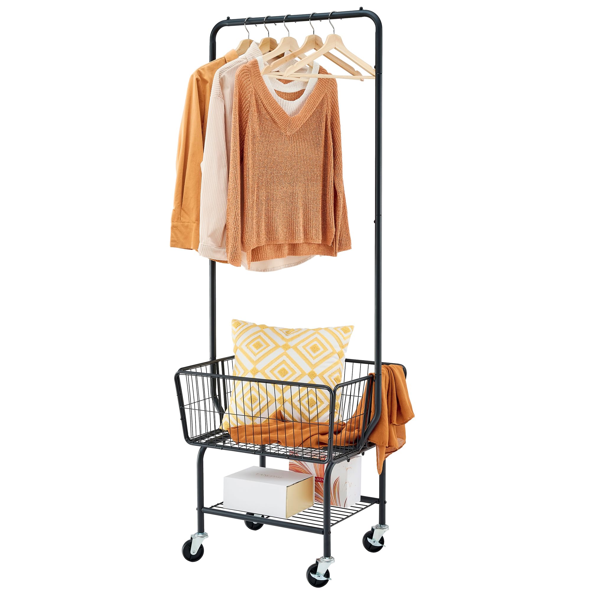 Tajsoon Laundry Cart With Hanging Rack, Metal Laundry Basket With Wheels, Laundry Hamper With Storage Basket And Shelf, Rolling