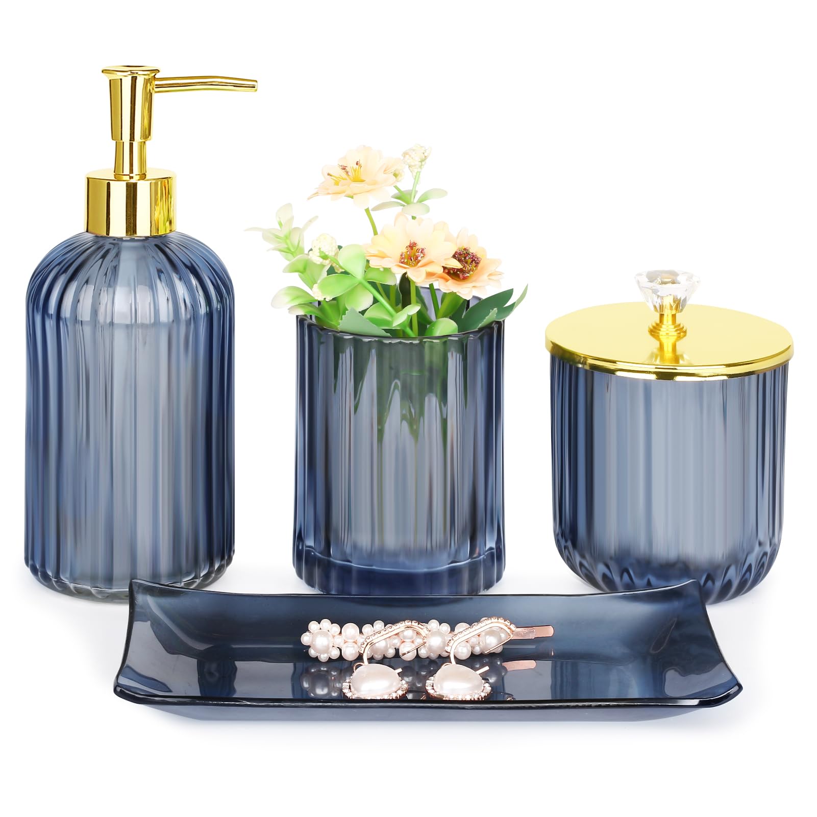 Haturi Bathroom Accessories Set, 4 Pcs Blue Glass Bathroom Accessories Sets Complete W/Lotion Soap Dispenser, Toothbrush Holder,