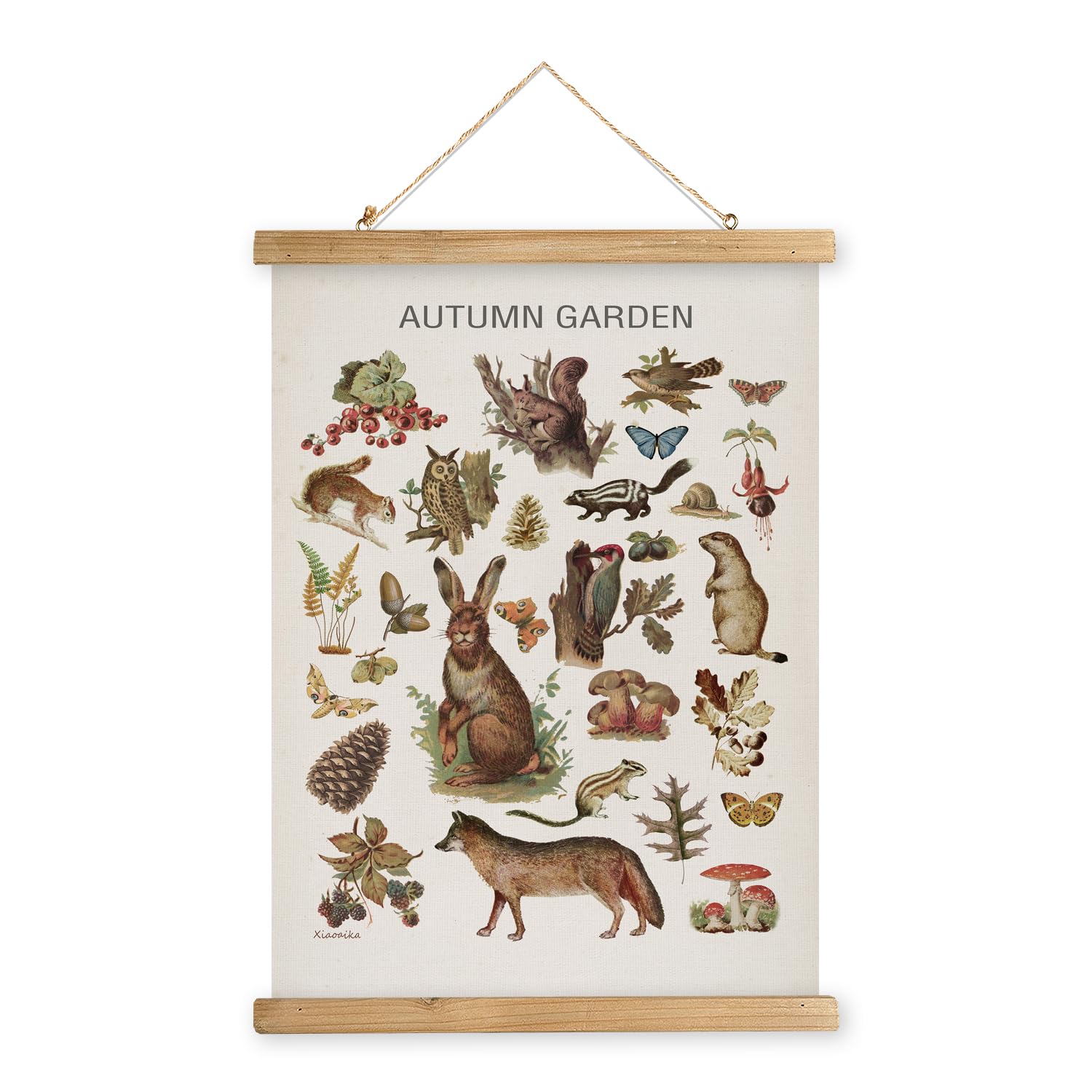 Xiaoaika Autumn Garden Wildlife Poster - Vintage Illustrated Seasonal Fauna And Flora Chart With Wooden Frame - Educational Wall