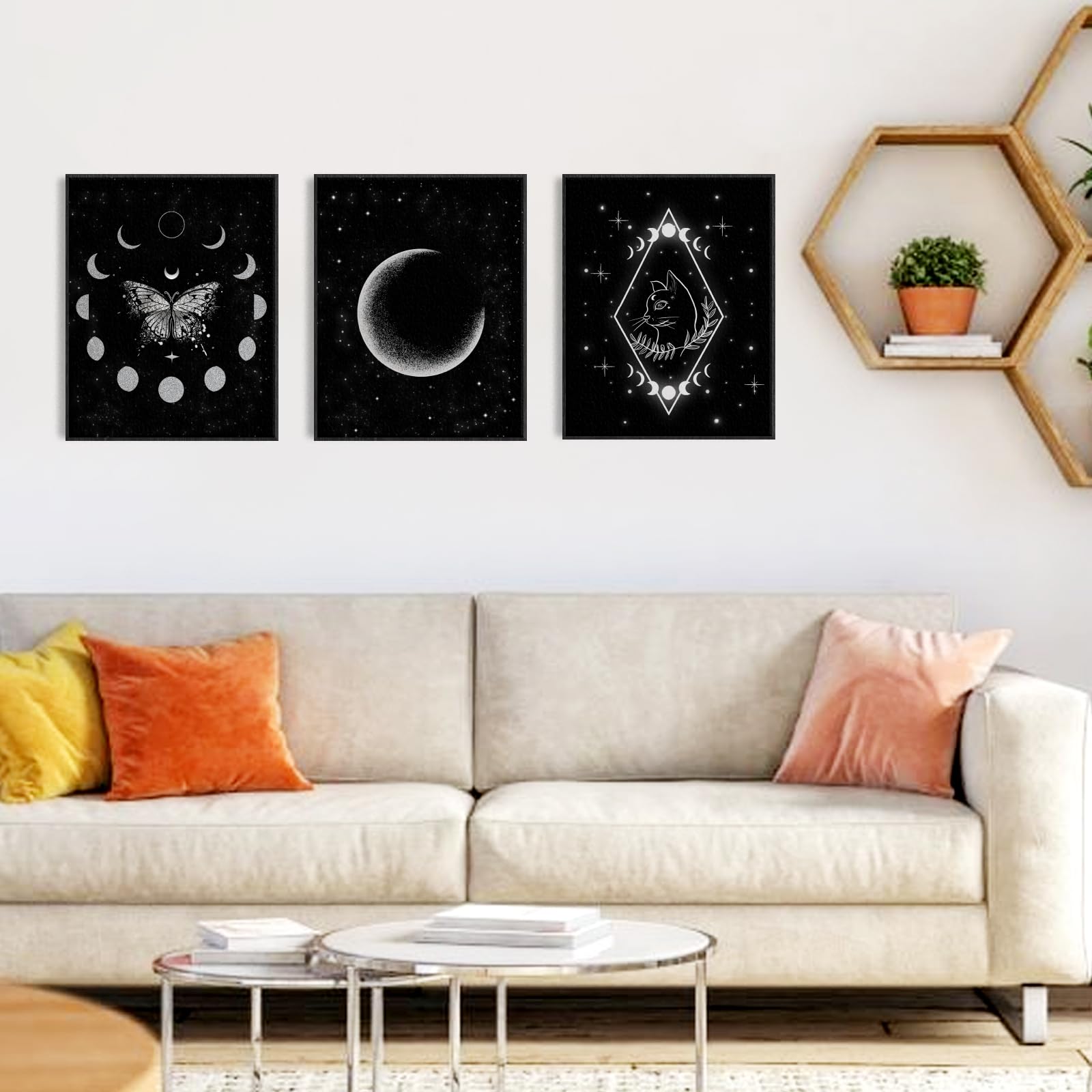 ORIGACH Moon Phases Wall Art Prints  Set of 5  Minimalist Boho Moon Phase Star Witch Wall Prints  Moon Stars Cat Celestial Witch Art Canvas Painting  Gothic Witchy Room Decor  Unframed 8x10in