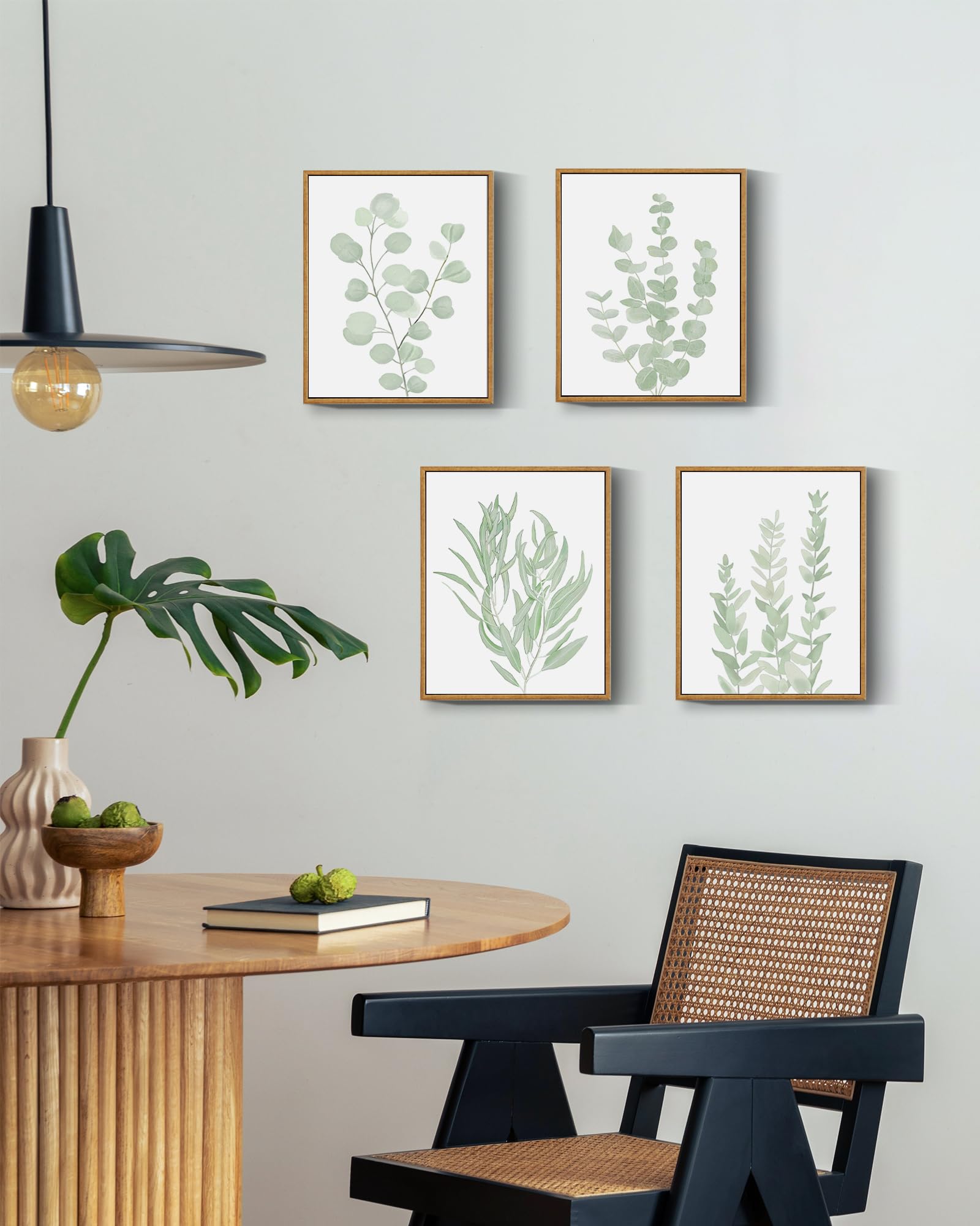 Drsoum Framed Botanical Plant Canvas Wood Wall Art Light Green Sage Wall Decor Eucalyptus Leaf Picture For Bedroom Living Room B