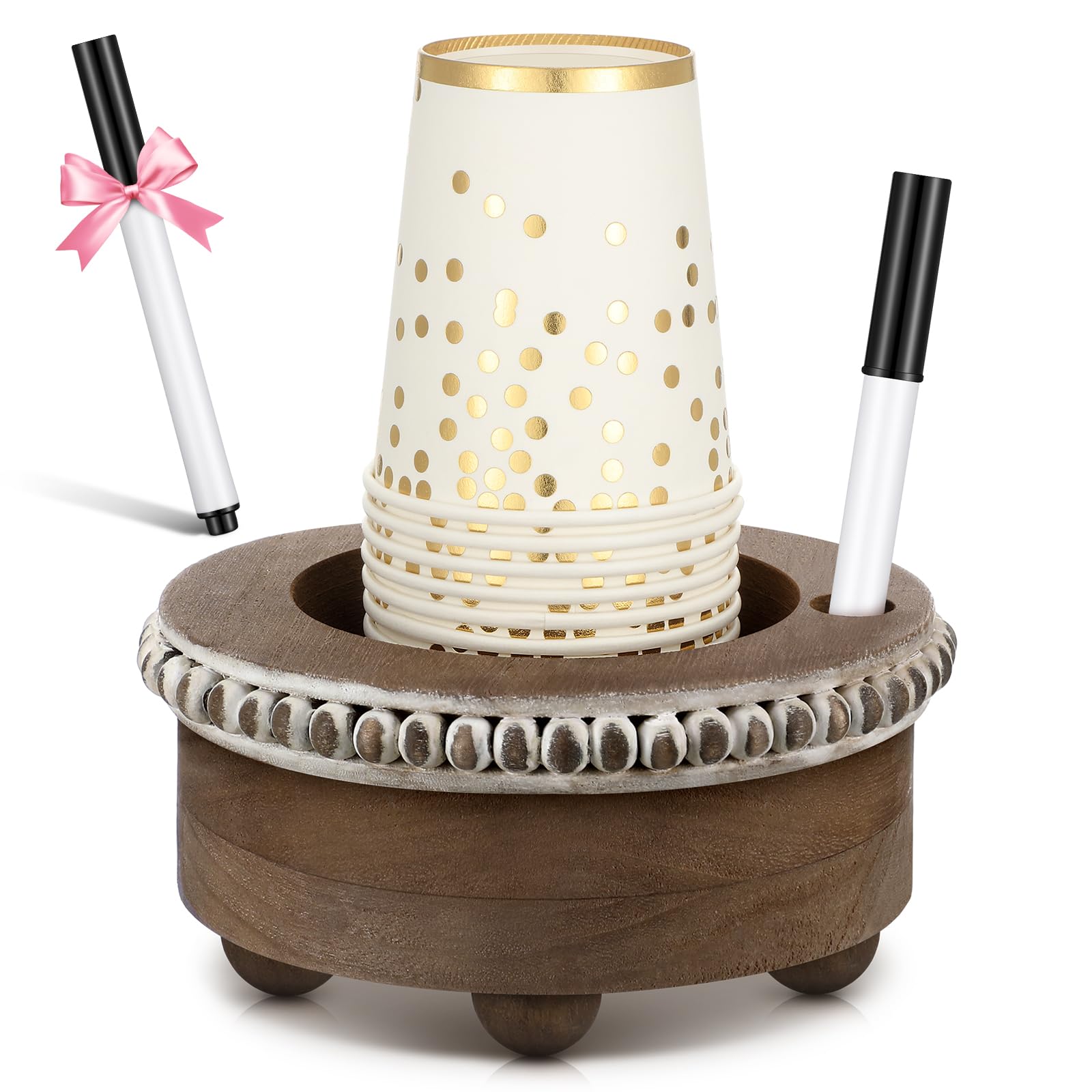 Newtay Wooden Cup Holder with Marker Slot Brown Cup Holder Dispenser Disposable Mug Dispenser for Party Decoration Bathroom Kitc