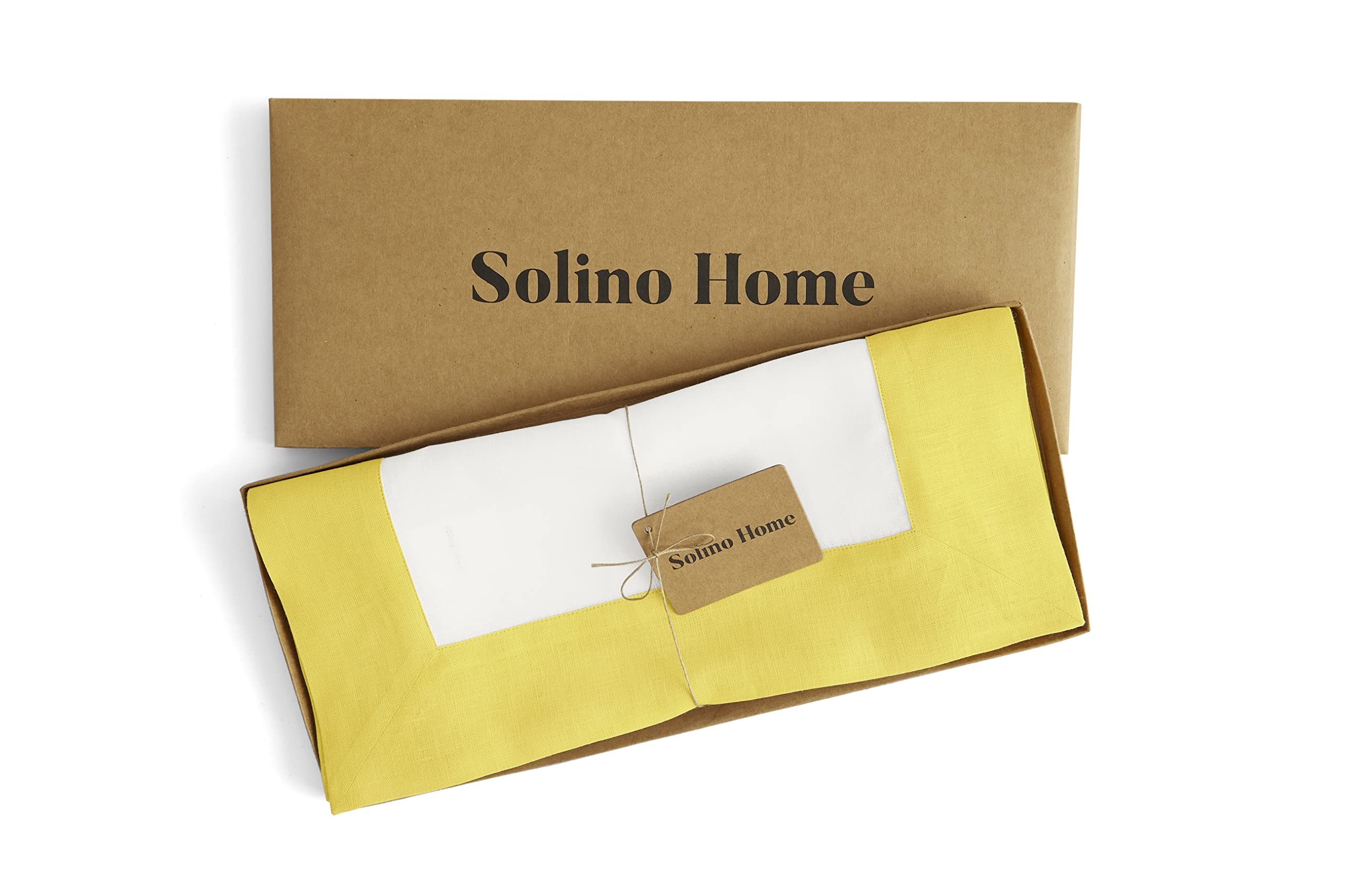 Solino Home Linen Table Runner 14 x 72 Inch - 100% Pure Linen Sunshine Yellow and White Table Runner for Spring  Summer  Dining - Contempo  Handcrafted from European Flax and Machine Washable