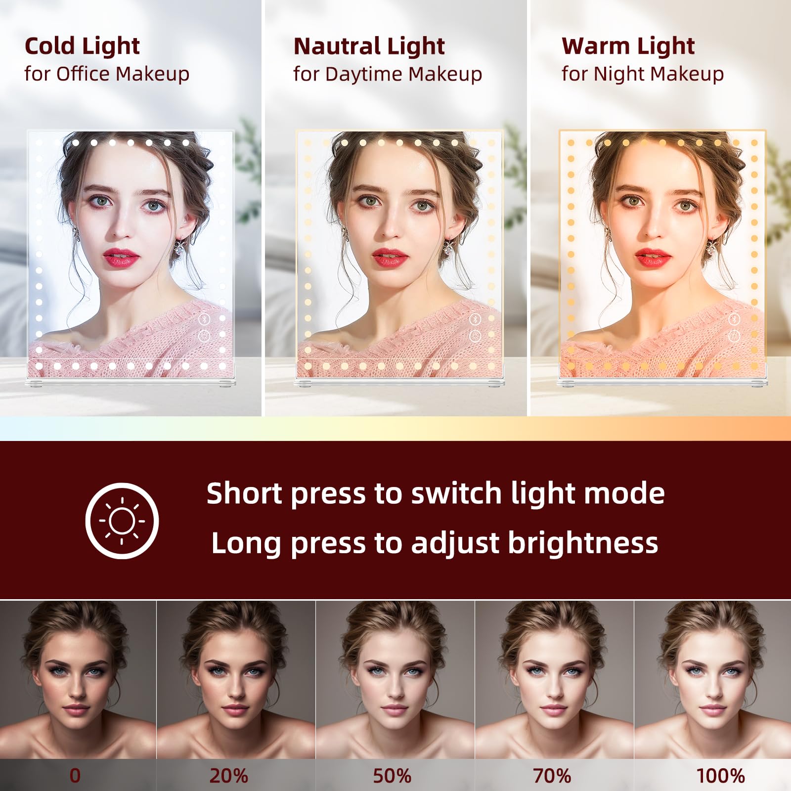 Vanitii Makeup Mirror With 48Pcs Led Lights 12X9 Hollywood Vanity Mirror With 3 Color Modes And Dimmable Smart Touch Light Up Mi