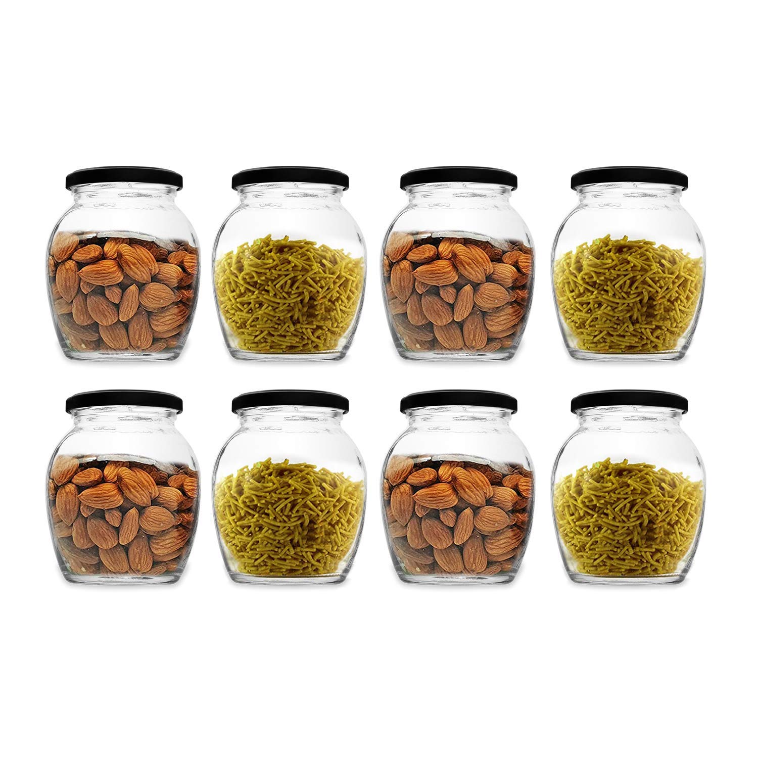 Croco Matka Glass Jar, Kitchen Container Storage Jar For Dry Fruit, Spices, Pickle With Airtight Black Lid (500 Ml, Pack Of 8)