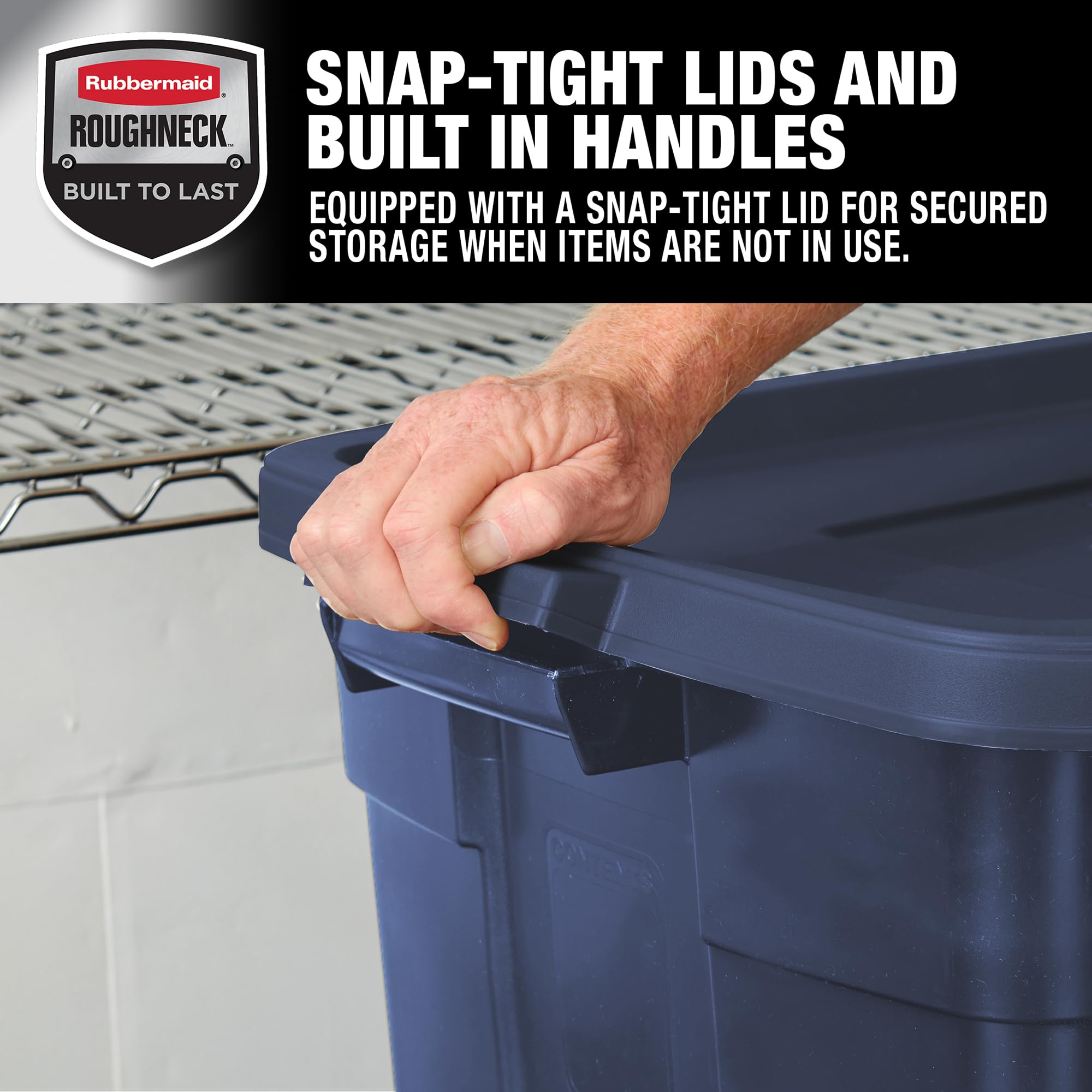Rubbermaid Roughneck Tote Variety, 10 Pack, Made In Usa, Dark Indigo Metallic, Rugged Plastic Stackable Storage Bins With Lids A