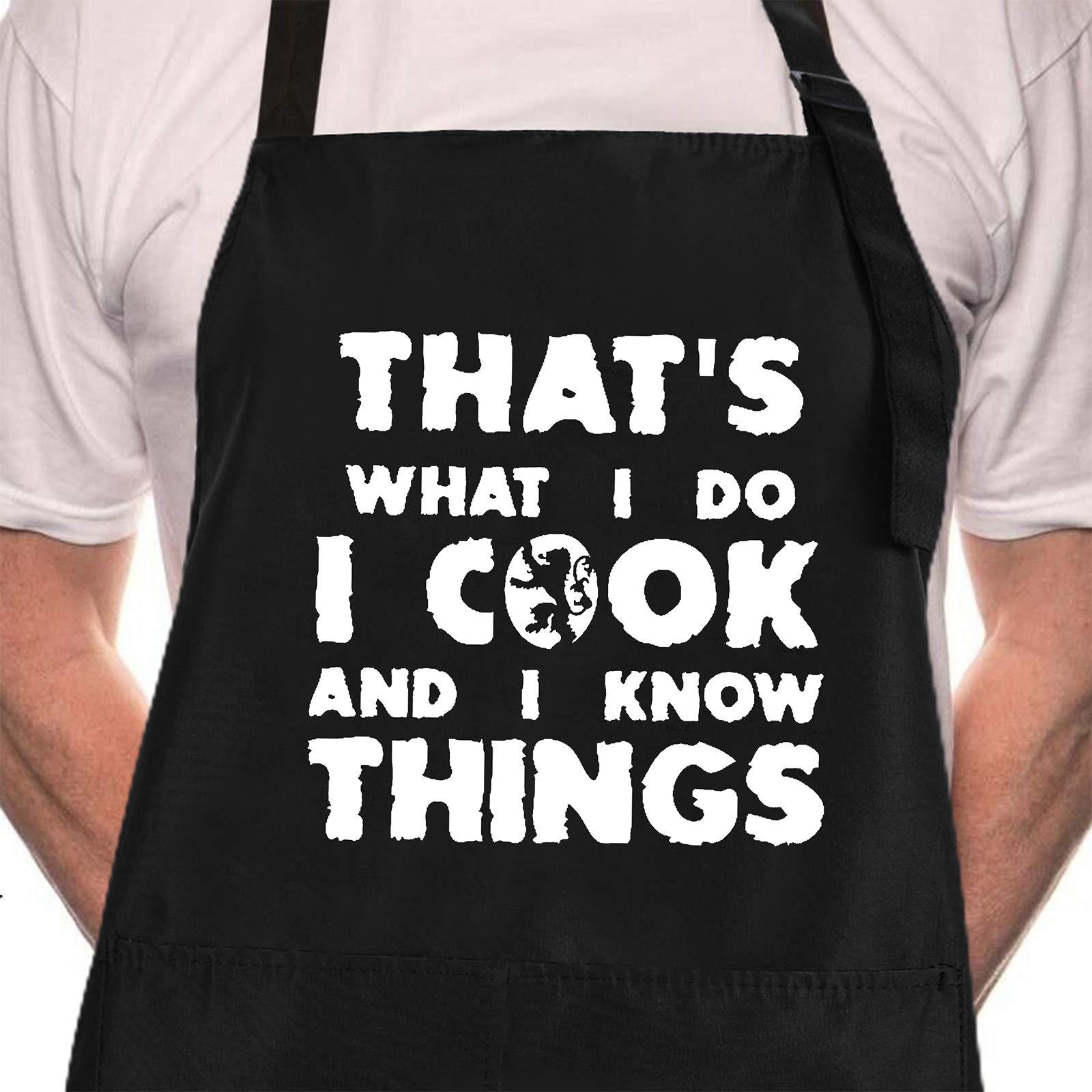 Rosoz Funny Bbq Black Chef Aprons For Men, I Cook And I Know Things Adjustable Kitchen Cooking Aprons With Pocket Waterproof Oil