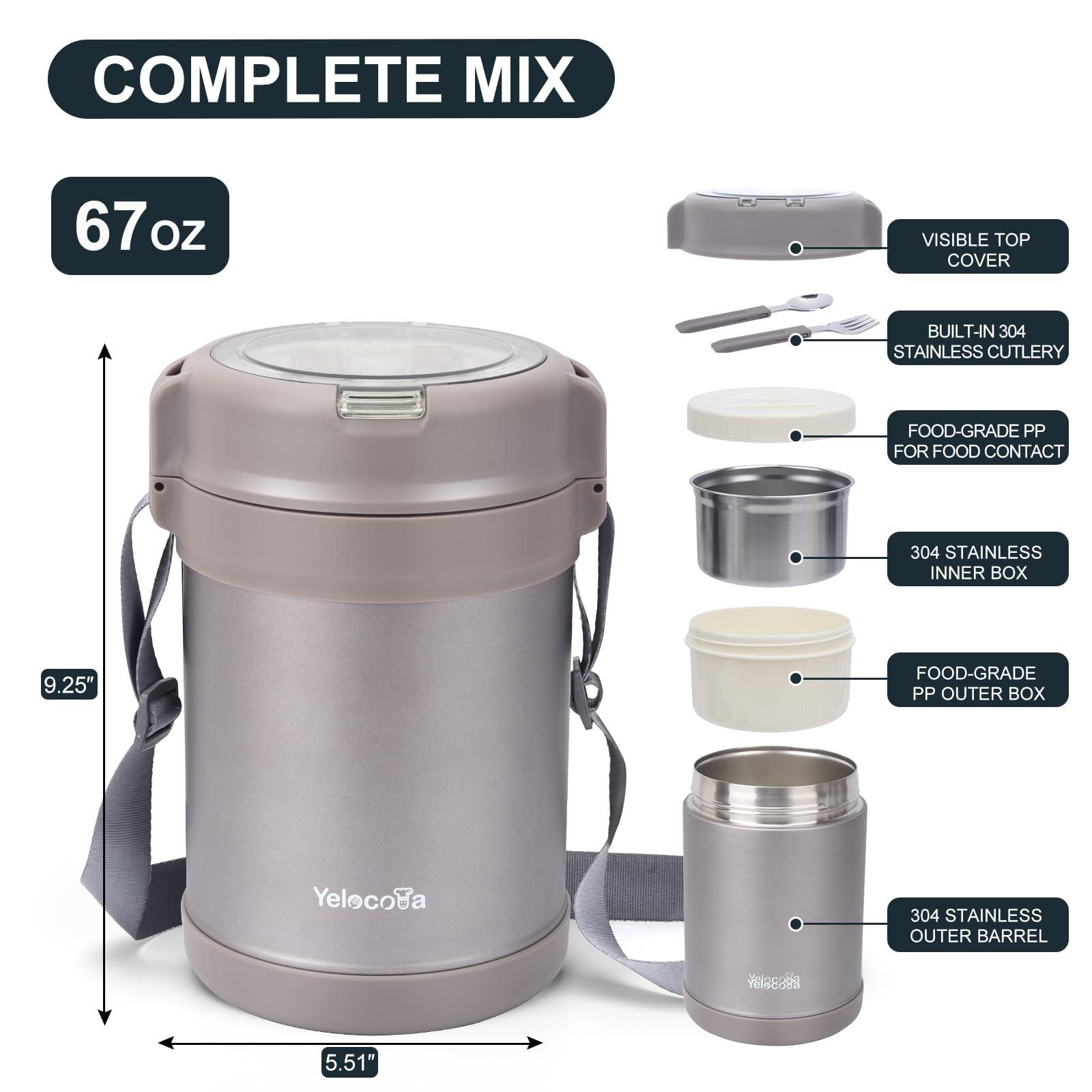 Thermos For Hot Food- 67 Ounce Wide Mouth Insulated Soup Container- 18/10 Stainless Steel Lunch Food Jar With 3 Tiers Leak-Proof